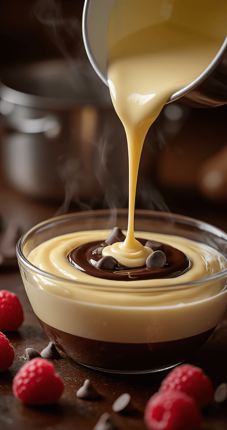 Chocolate Raspberry Truffle Cake: Dark Chocolate Heaven Meets Fresh Berries Intimate close-up of silky hot cream pouring over dark chocolate chips in a glass bowl, with steam rising and elegant ripples forming, framed by a small saucepan and fresh raspberries, all highlighted by warm amber kitchen lights.