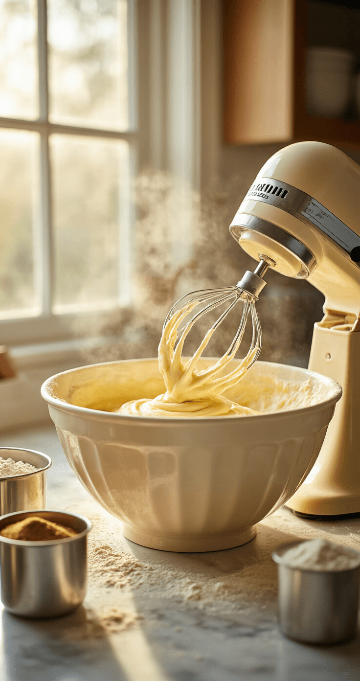 Churro Cupcakes That'll Make You Ditch the Fairground Forever A golden-hued kitchen scene featuring an electric mixer whipping vanilla cake batter in a large ceramic bowl, with melted butter on a marble countertop and measuring cups of cinnamon catching soft morning light, creating a cozy domestic atmosphere with flour dusting the workspace.