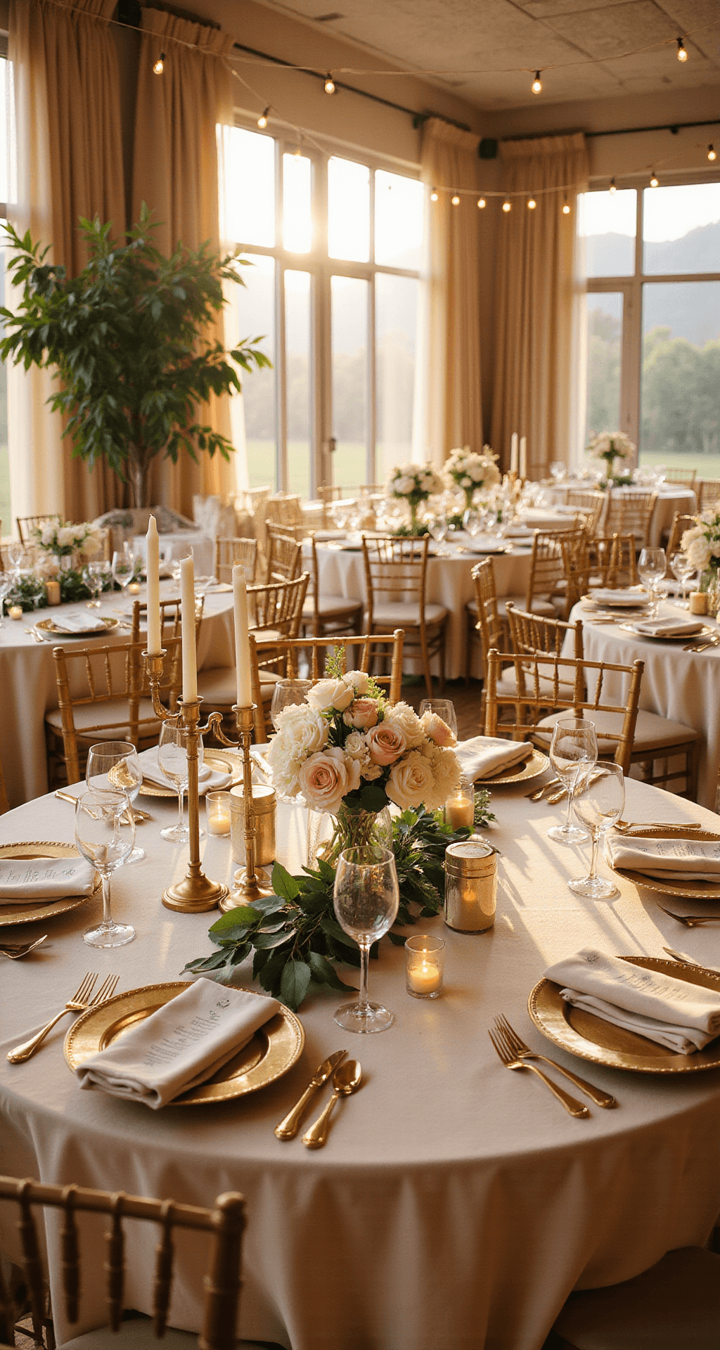 Elegant Wedding Decor: Creating a Sophisticated Celebration That Actually Feels Like You A wide-angle view of an elegant ballroom wedding reception at golden hour, featuring round tables with cream silk linens, eucalyptus garlands, gold candelabras with candles, and soft blush floral arrangements, all under romantic string lights.
