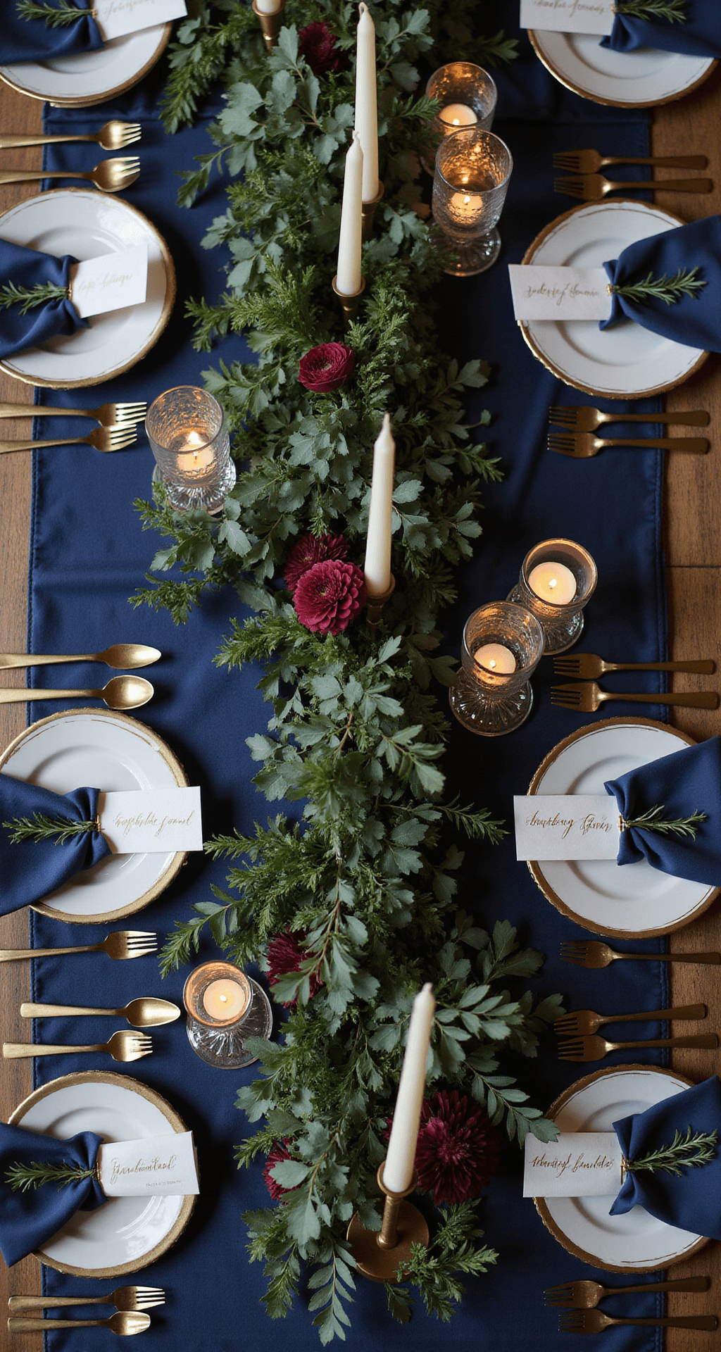 Elegant Wedding Decor: Creating a Sophisticated Celebration That Actually Feels Like You An elegant tablescape featuring navy blue silk linens, gold-rimmed white china, and brass flatware, adorned with a lush eucalyptus and olive garland, brass candlesticks with ivory taper candles, deep burgundy dahlias, emerald greenery, hand-lettered place cards, and mercury glass votives, all set in rich, moody lighting.