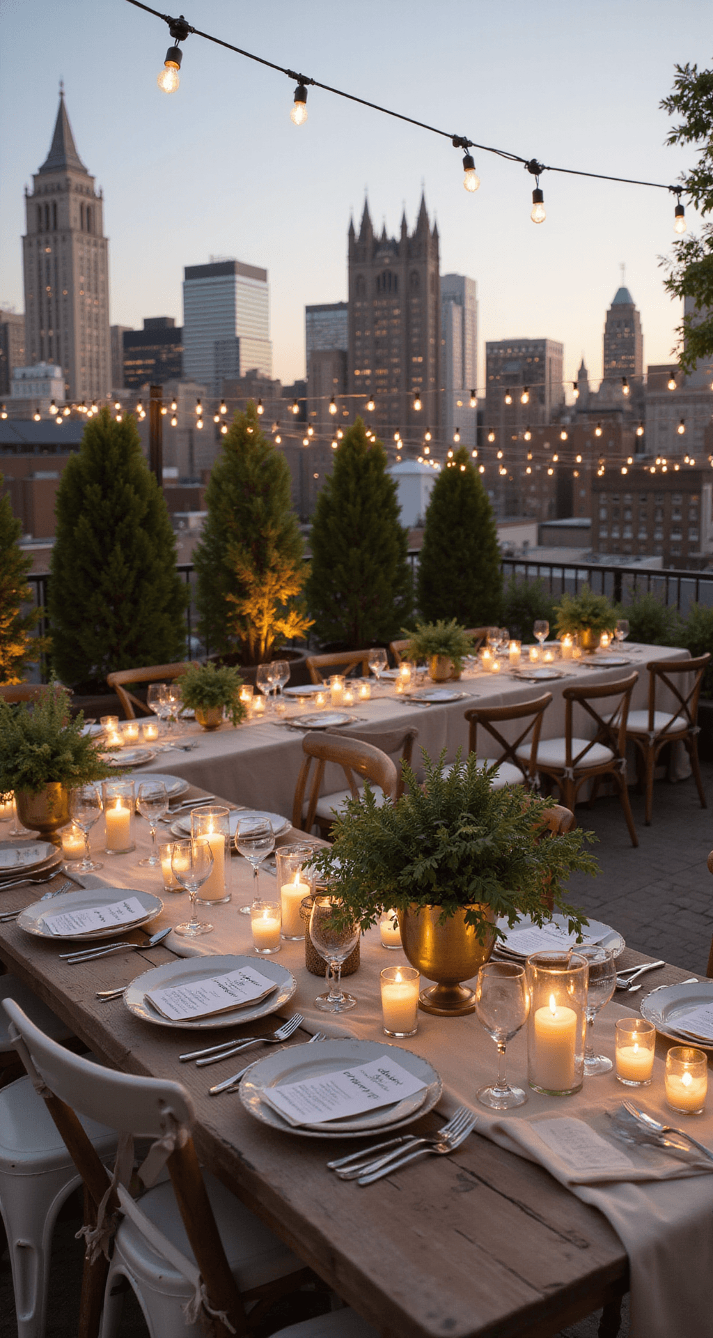 Elegant Wedding Decor: Creating a Sophisticated Celebration That Actually Feels Like You A rooftop terrace wedding reception at twilight featuring long farm tables with natural linen runners, surrounded by vintage chairs, suspended Edison bulb string lights, tall centerpieces of wild greenery in brass vessels, and scattered pillar candles, all set against a city skyline under a warm glow.