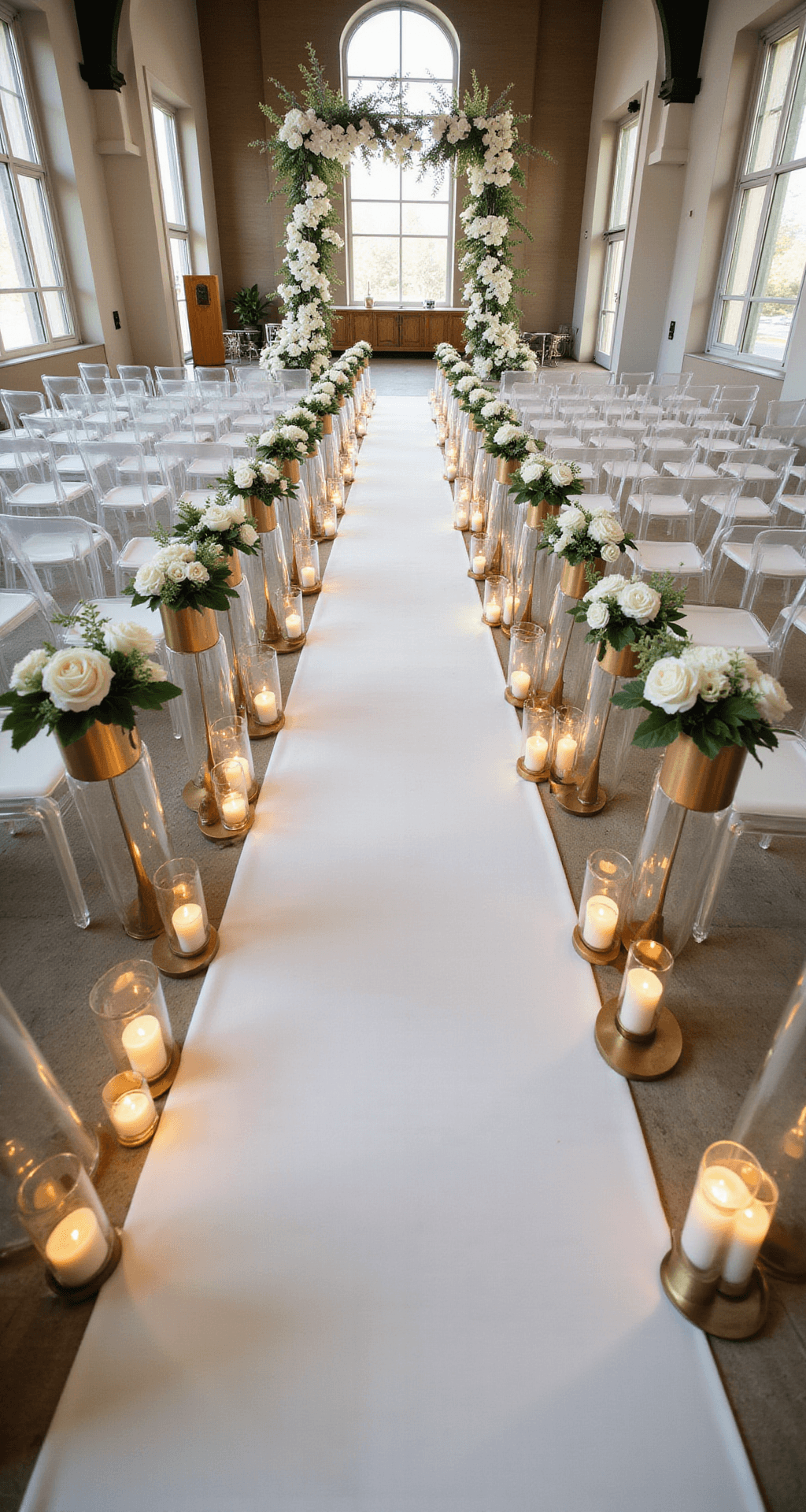 Elegant Wedding Decor: Creating a Sophisticated Celebration That Actually Feels Like You Elegant ceremony aisle in a modern chapel with a white runner, brass pedestals holding white floral arrangements, ghost chairs, white pillar candles in glass cylinders, and a geometric arch adorned with orchids, all under soft uplighting and filtered sunlight.
