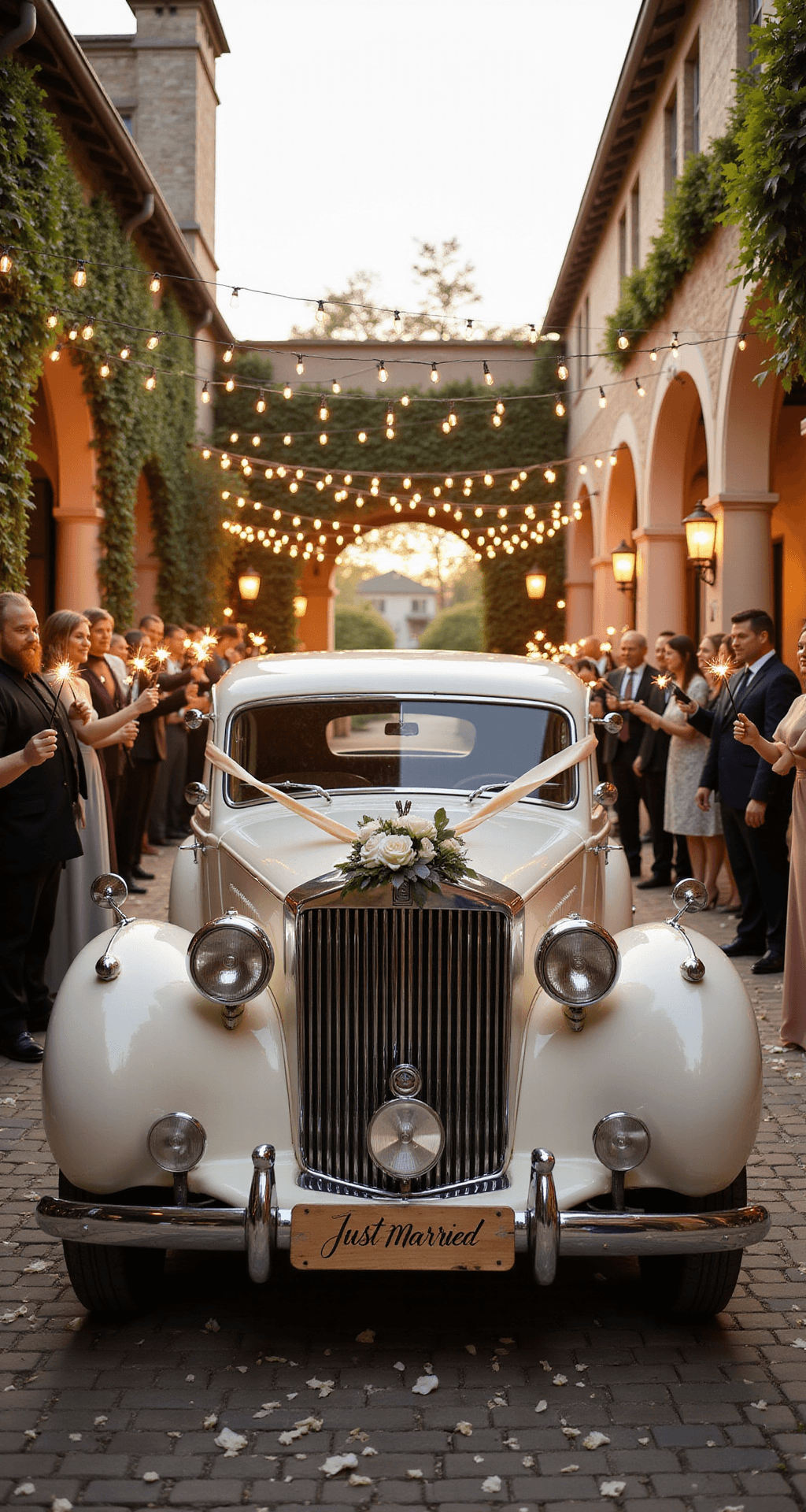 Wedding Car Decorations: The Ultimate Guide to Sending Off Your Big Day in Style A vintage 1960s ivory Rolls-Royce adorned with a white eucalyptus and rose wreath, set in an elegant outdoor courtyard at golden hour, surrounded by wedding guests holding sparklers, with stone archways and scattered white rose petals creating a romantic atmosphere.