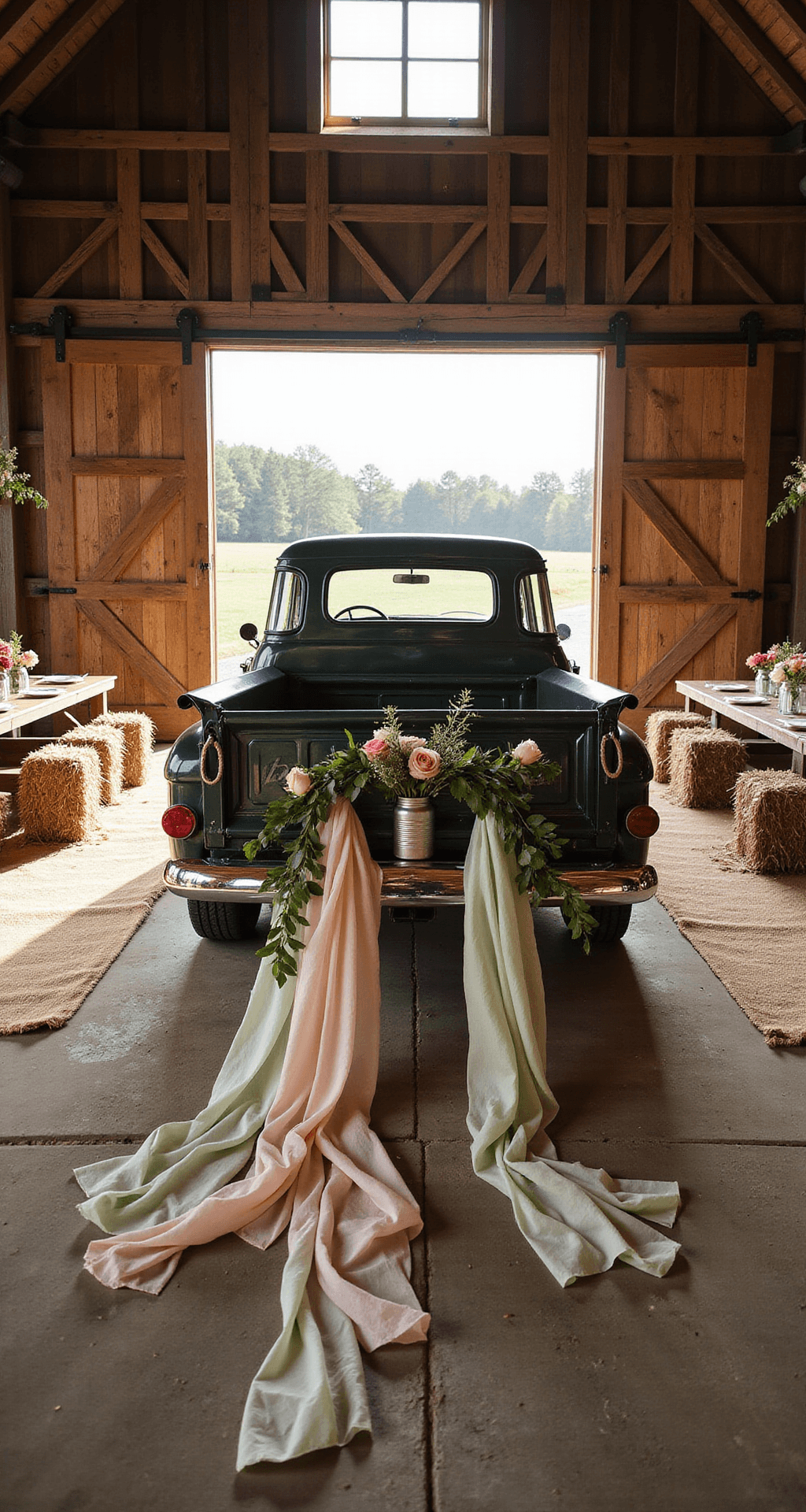 Wedding Car Decorations: The Ultimate Guide to Sending Off Your Big Day in Style An overhead flat lay shot of a rustic barn venue in soft morning light, featuring a bohemian-style classic pickup truck adorned with blush pink and sage green crepe paper streamers, vintage tin cans, and wildflower garlands. Wooden barn doors and hay bales provide seating, with mason jar centerpieces filled with wildflowers on burlap-covered picnic tables, illuminated by dramatic sunlight filtering through the barn windows.