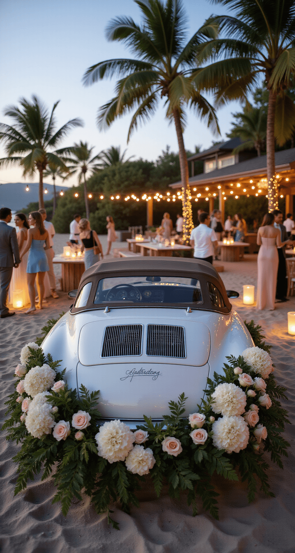 Wedding Car Decorations: The Ultimate Guide to Sending Off Your Big Day in Style A sleek white convertible decorated with floral arrangements and custom decals sits at a beachfront venue illuminated by fairy lights, with palm trees in the background and guests mingling in summer attire.