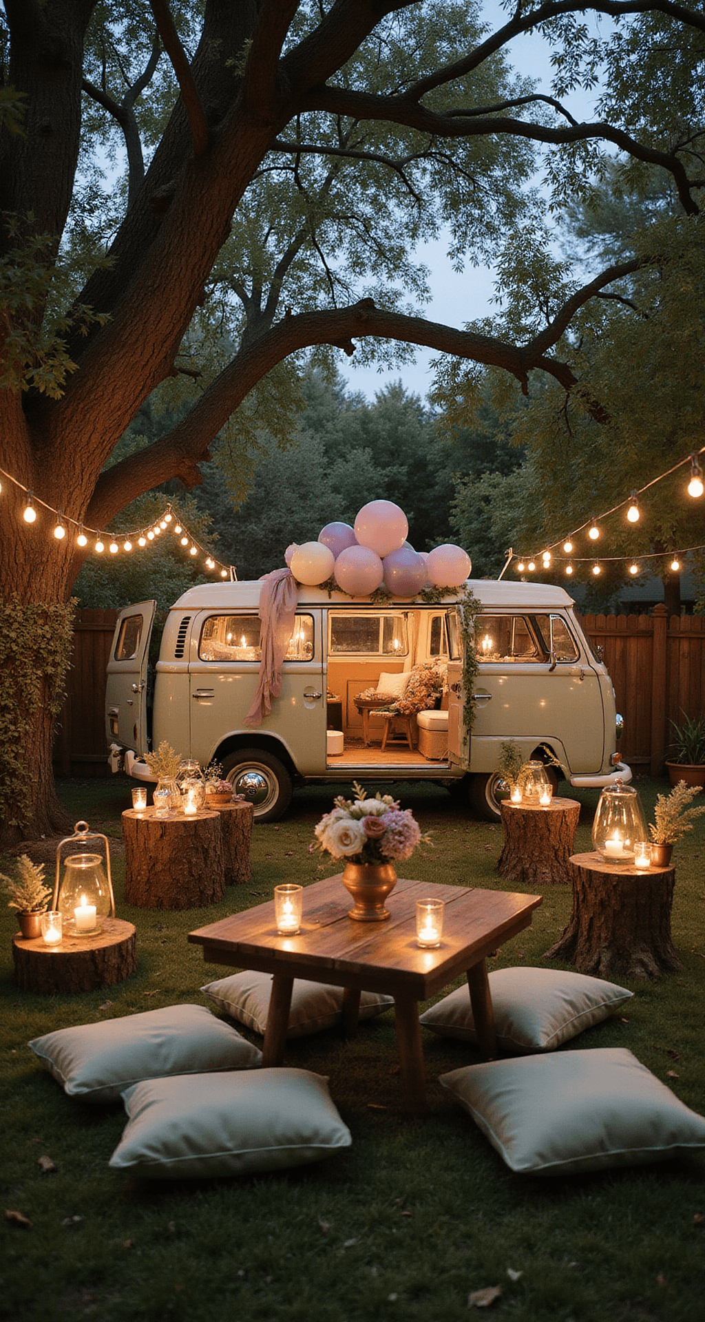 Wedding Car Decorations: The Ultimate Guide to Sending Off Your Big Day in Style A cozy backyard garden venue illuminated by candlelight, featuring a whimsical vintage Volkswagen van adorned with pastel balloons and macrame details, surrounded by low wooden tables and sage green velvet cushions, with string lights overhead and fresh floral arrangements creating an enchanted atmosphere.