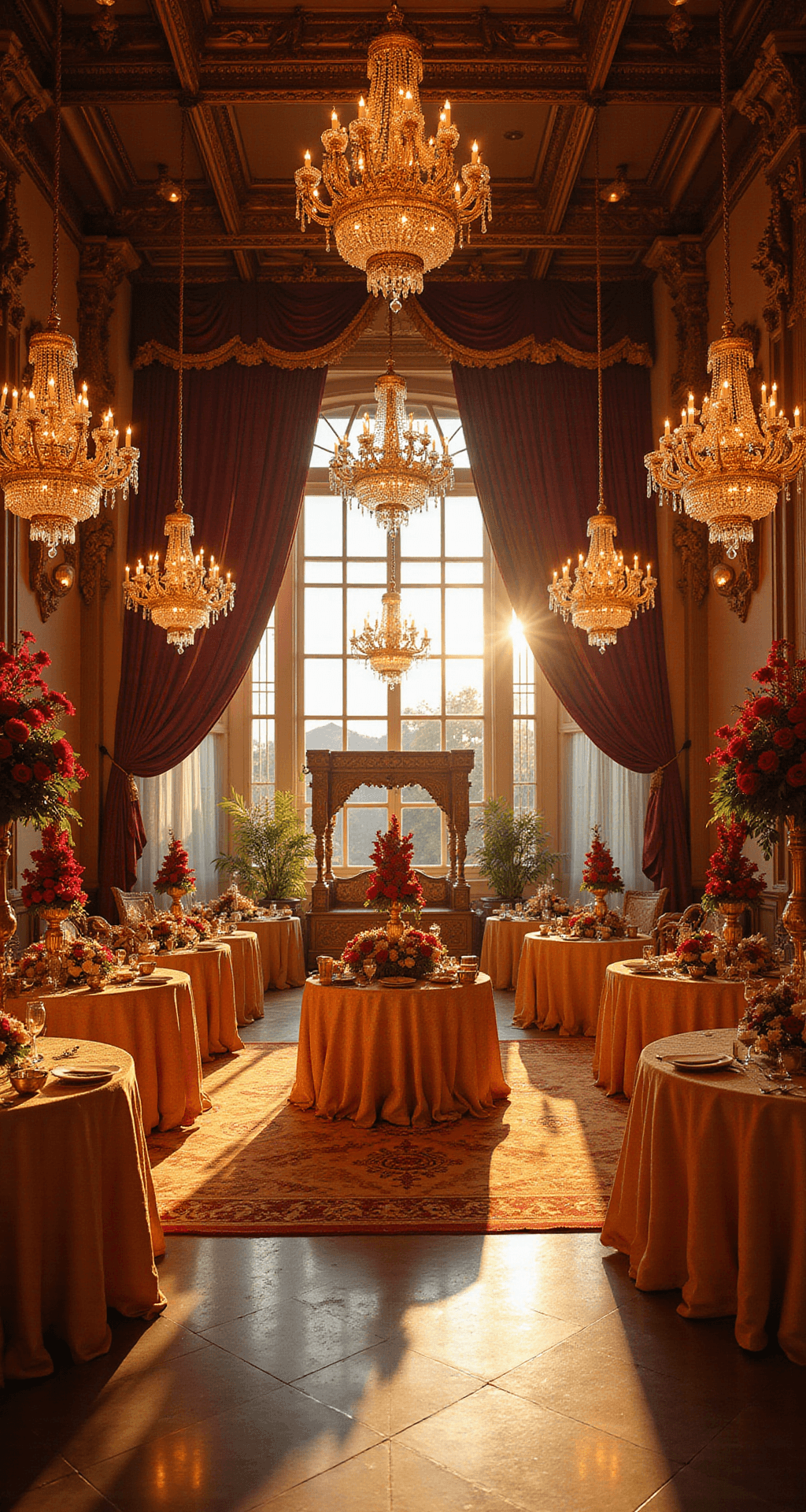 How to Master Indian Wedding Aesthetics: Creating Glamorous, Culturally Rich Celebrations That Leave Guests Speechless A wide-angle view of a grand indoor ballroom during golden hour, featuring an ornate Royal Indian wedding mandap with golden pillars, marigold and rose garlands, and rich burgundy silk. Crystal chandeliers illuminate round tables with deep gold linens and floral centerpieces, while jewel-toned silk drapes and brass diyas enhance the majestic atmosphere.