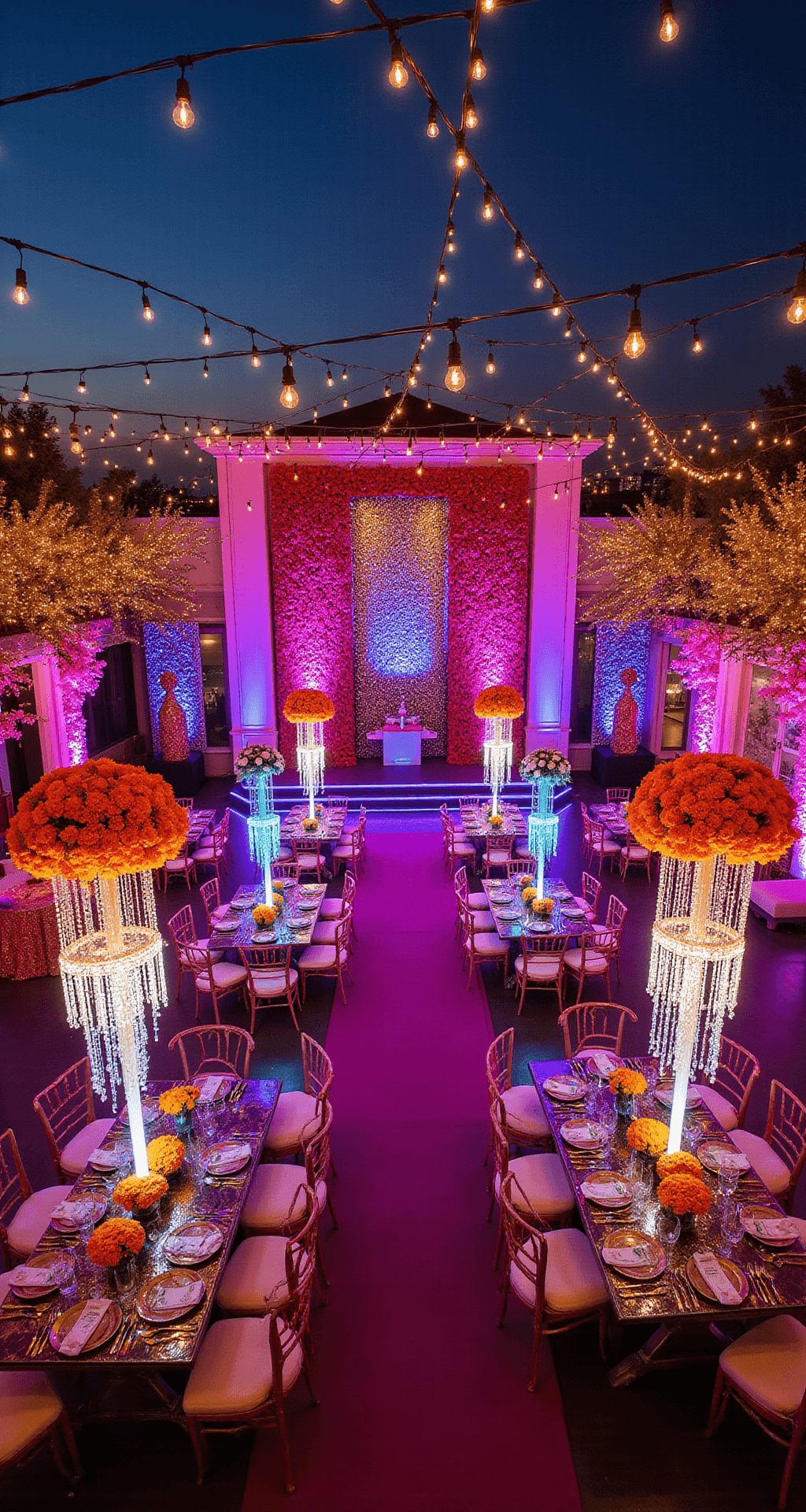 How to Master Indian Wedding Aesthetics: Creating Glamorous, Culturally Rich Celebrations That Leave Guests Speechless A vibrant rooftop terrace transformed for a Bollywood glamour celebration, featuring a dazzling mandap with sequined purple and pink backdrops, surrounded by bright orange marigolds and fuchsia roses. Tables arranged in geometric patterns with mirrored centerpieces reflect string lights, while sheer gold chiffon drapes flutter. The color palette includes saturated magenta, electric blue, and gold accents, with dynamic lighting from color-changing LEDs, fairy lights, and highlighted floral walls.