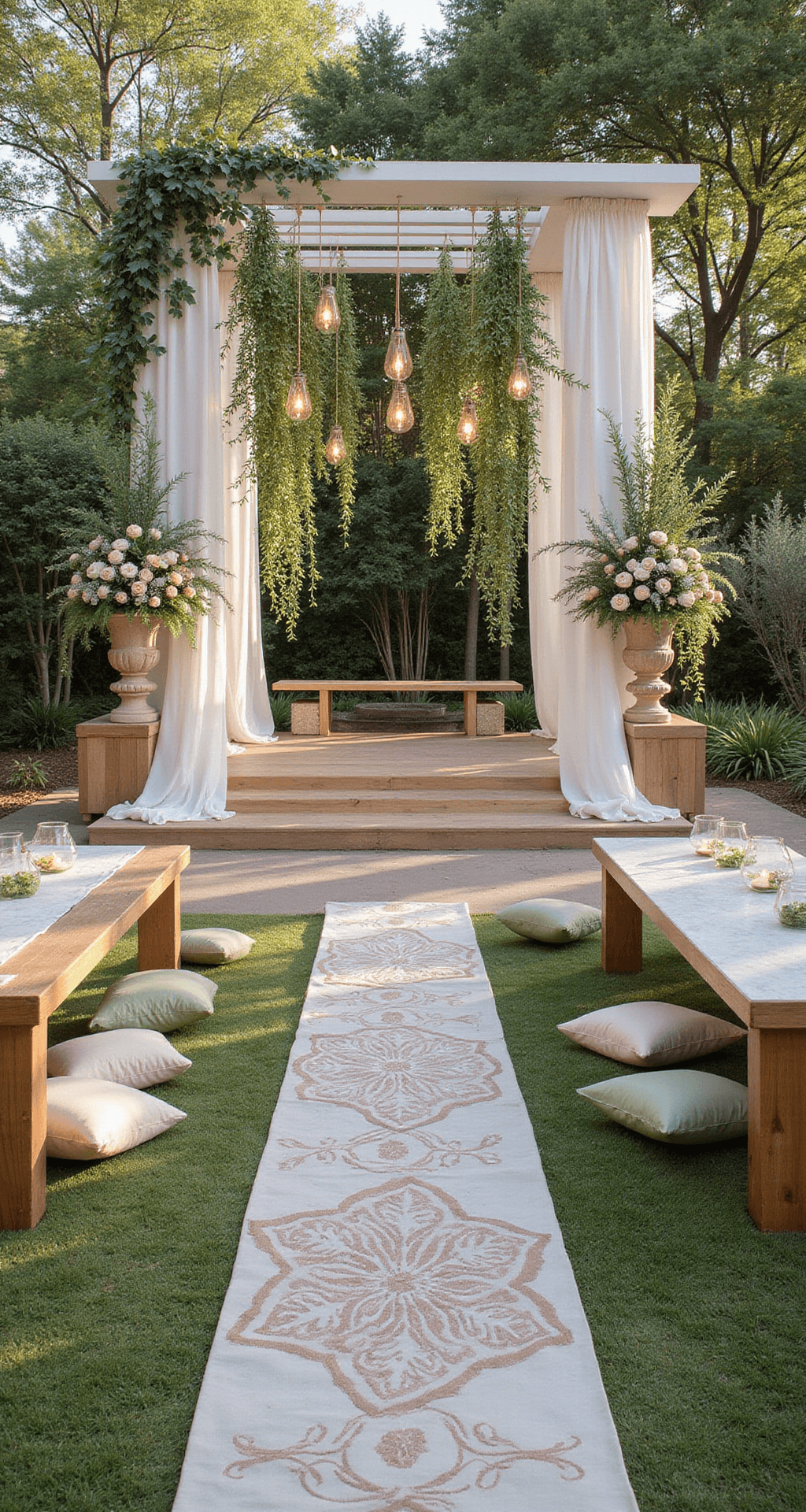 How to Master Indian Wedding Aesthetics: Creating Glamorous, Culturally Rich Celebrations That Leave Guests Speechless An elegant outdoor venue featuring a Modern Fusion aesthetic, blending traditional Indian elements with contemporary design. The mandap showcases white and gold geometric lines adorned with jasmine and eucalyptus, surrounded by low tables with cream and sage green cushions. The color palette includes blush pink, soft green, and rose gold accents, while tall floral arrangements of roses and succulents add a touch of sophistication amidst natural wooden and marble elements.