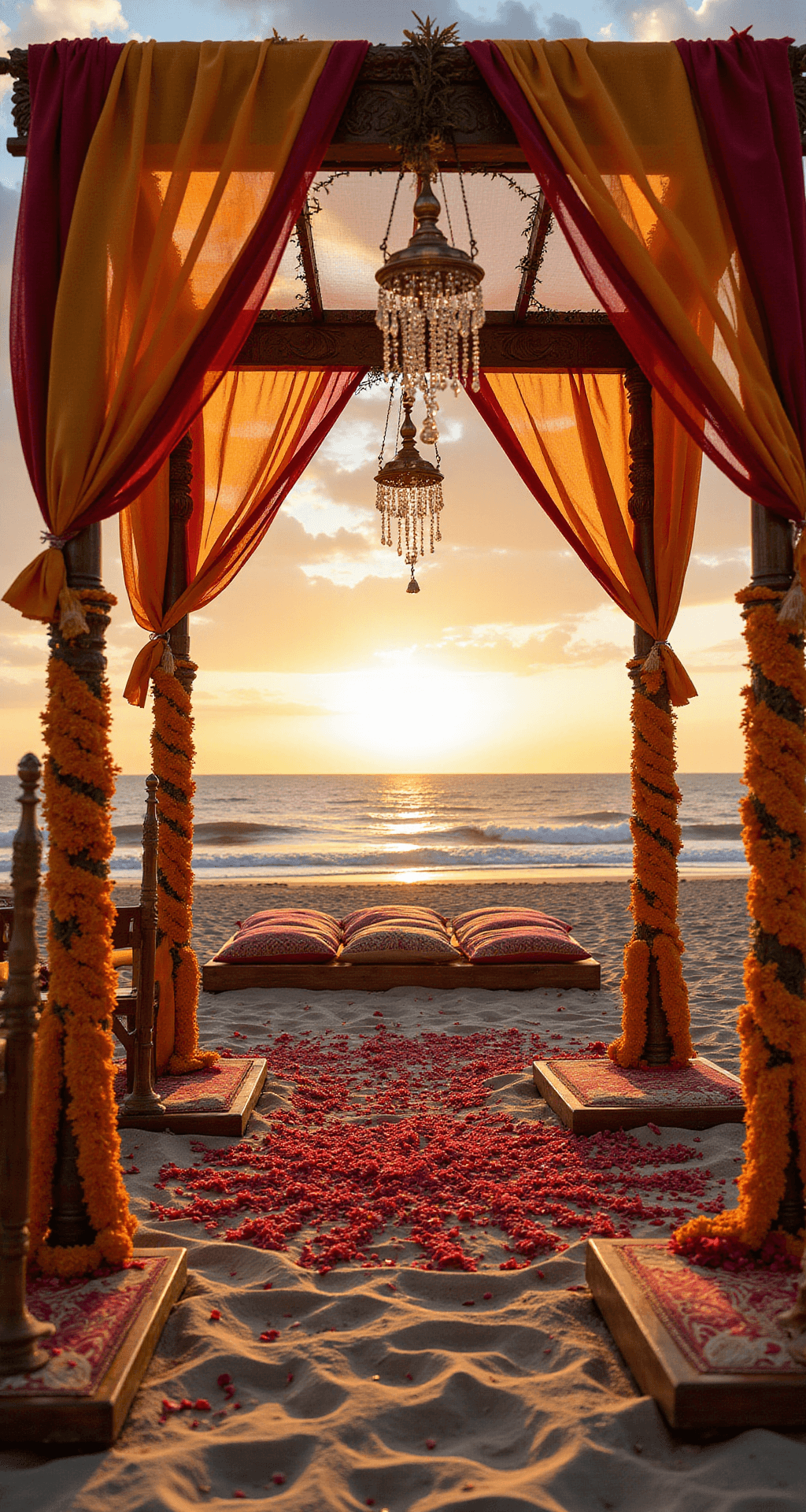 How to Master Indian Wedding Aesthetics: Creating Glamorous, Culturally Rich Celebrations That Leave Guests Speechless A close-up view of a luxurious beachfront mandap ceremony during golden hour, showcasing intricately hand-carved wooden pillars adorned with marigold garlands, saffron and crimson silk drapery, and warm brass oil lamps. Elaborate rangoli patterns made of deep red rose petals decorate the sand, while low wooden guest seating with jewel-toned embroidered cushions faces the mandap, enhanced by crystal fixtures and floral installations of jasmine and roses, all bathed in an ethereal golden light.