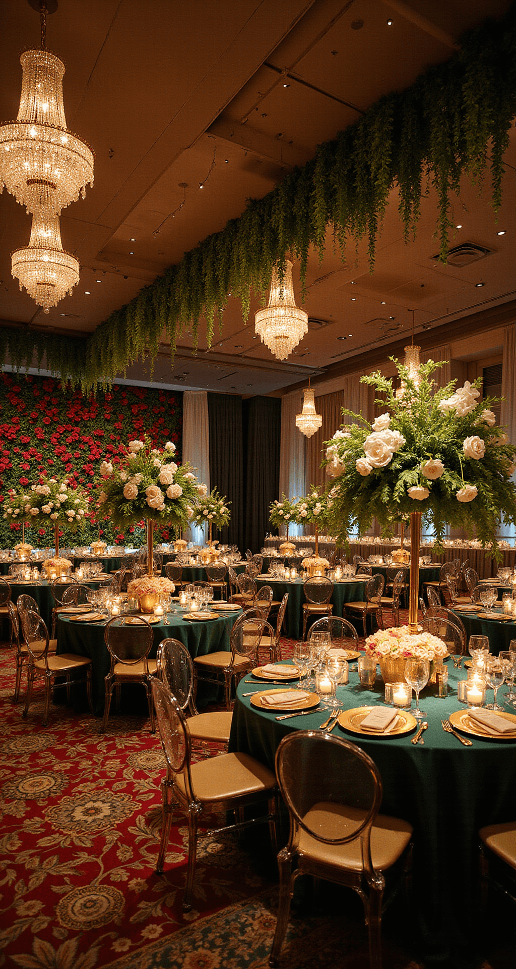 How to Master Indian Wedding Aesthetics: Creating Glamorous, Culturally Rich Celebrations That Leave Guests Speechless A luxurious ballroom reception with multi-level floral installations, including a ground-level gold rangoli, tall orchid centerpieces, and overhead jasmine gardens, surrounded by emerald silk tables and ghost chairs, beneath shimmering crystal chandeliers and jewel-toned uplighting, with a backdrop of red roses and gold accents.