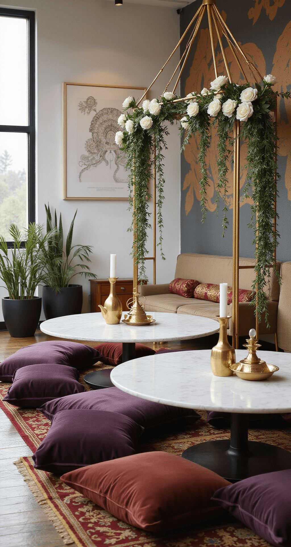 How to Master Indian Wedding Aesthetics: Creating Glamorous, Culturally Rich Celebrations That Leave Guests Speechless A cozy indoor wedding celebration featuring a geometric gold mandap adorned with white roses, set against modern paisley art. Intimate low marble dining tables with deep purple velvet cushions, equipped with brass vessels and candle arrangements, blend traditional red and gold with modern whites and metallics under soft natural lighting.