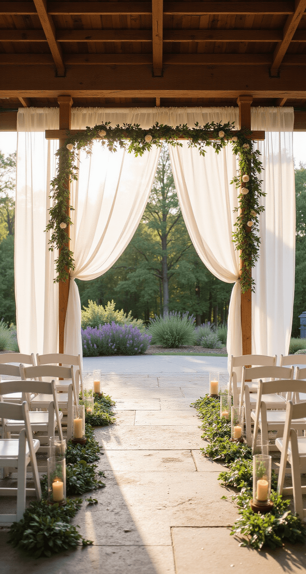 How to Create Elegant Wedding Decor That Feels Effortlessly Timeless and Completely You A wide-angle shot of a sunlit wedding ceremony setup in a garden pavilion, featuring a minimalist wooden arch draped in white fabric and adorned with eucalyptus and white roses, framed by rows of white chairs along a eucalyptus-lined aisle on stone flooring, complemented by pillar candles and a backdrop of exposed wooden beams and flowing fabric, all bathed in warm golden hour light.