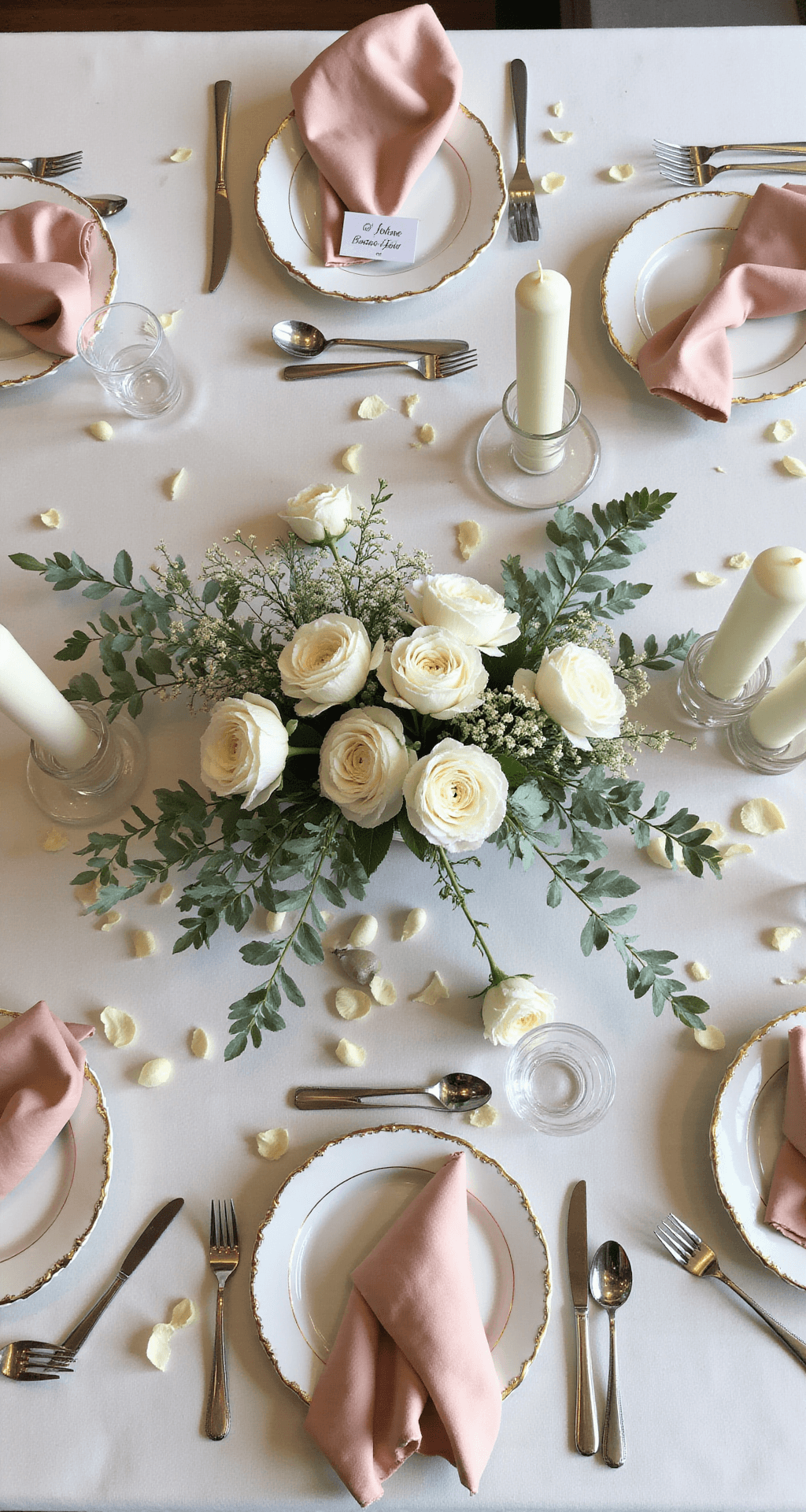 How to Create Elegant Wedding Decor That Feels Effortlessly Timeless and Completely You An elegantly styled reception table with a white linen tablecloth, blush silk napkins, a low centerpiece of white ranunculus and eucalyptus, ivory pillar candles, gold-rimmed charger plates, polished silverware, and handwritten calligraphy place cards, all set against a marble surface adorned with scattered rose petals and trailing eucalyptus.