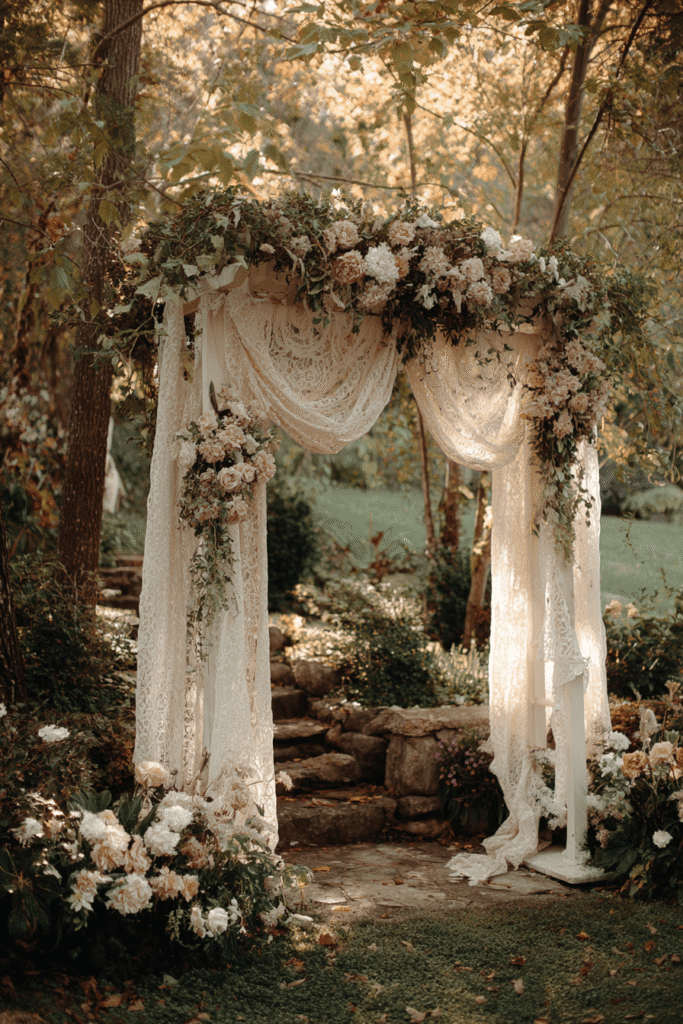 27 Luxury Wedding Arch Ideas for a Glamorous Ceremony Delicate lace details and vintage-inspired florals in muted tones creating a cozy, romantic, and sentimental atmosphere