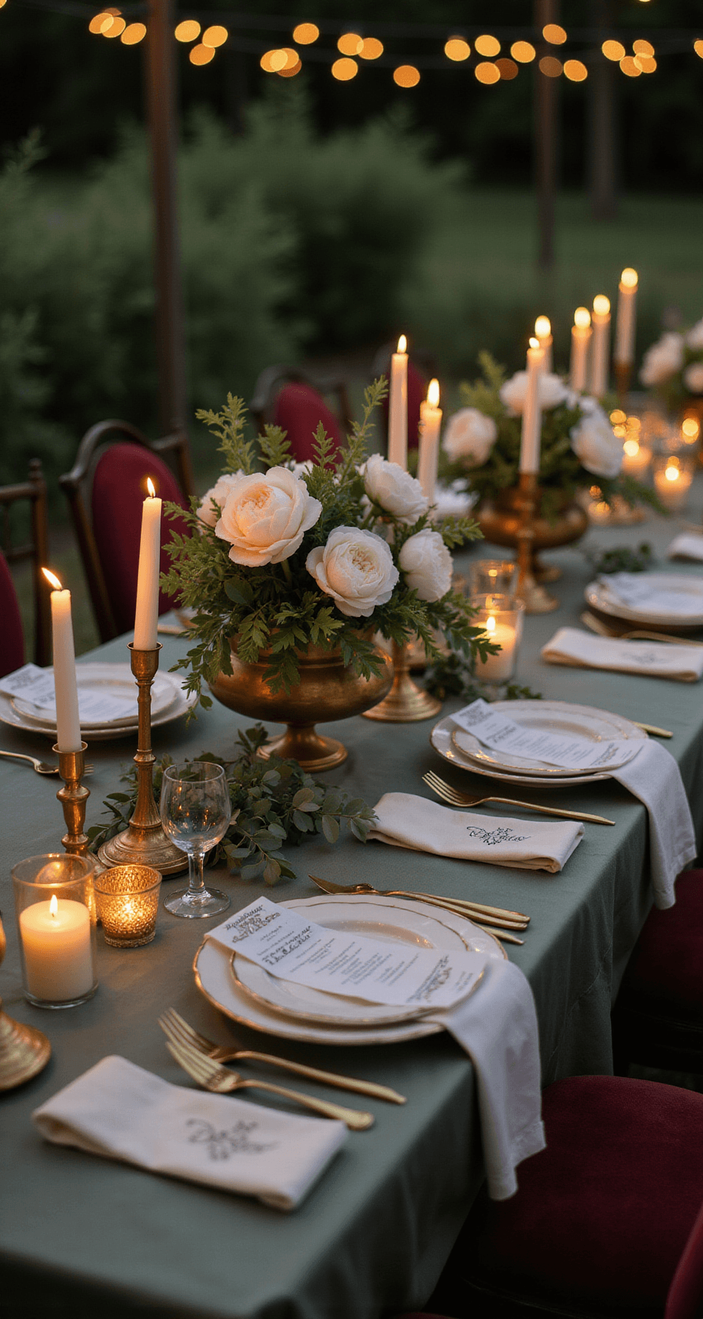 How to Create Elegant Wedding Decor That Feels Effortlessly Timeless and Completely You Close-up of a candlelit reception tablescape featuring taper candles in brass candlesticks, lush white peony and eucalyptus centerpiece in a vintage brass vessel, fine bone china plates, vintage silverware, monogrammed linen napkins, and burgundy velvet chair cushions, set against a backdrop of soft string lights.