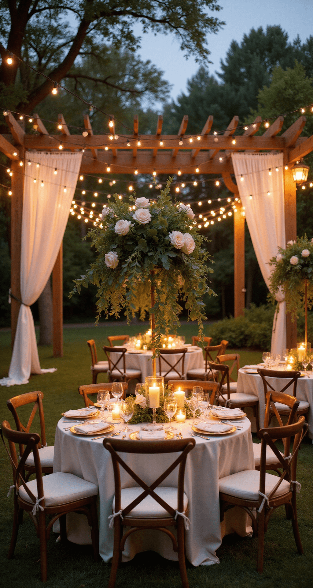 How to Create Elegant Wedding Decor That Feels Effortlessly Timeless and Completely You A romantic outdoor reception at twilight featuring round tables with ivory linens, floral arrangements of white roses and eucalyptus, golden pillar candles, vintage wooden farm chairs, and a pergola draped in string lights and white fabric, set against a softly blurred background.