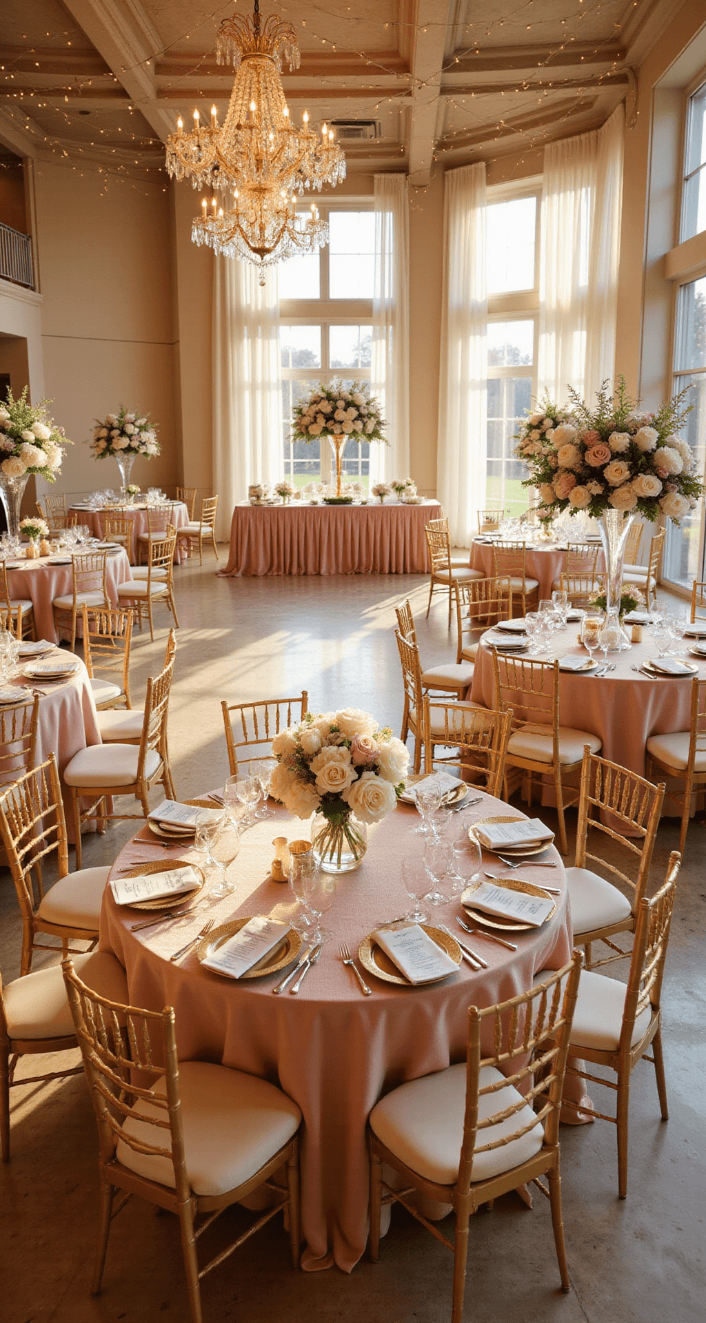 Wedding and Celebrations Article Elegant indoor ballroom during golden hour featuring round tables with blush pink silk linens, ivory lace overlays, crystal chandeliers, and floral centerpieces; warm natural light from floor-to-ceiling windows creates a romantic atmosphere for an upscale wedding reception.