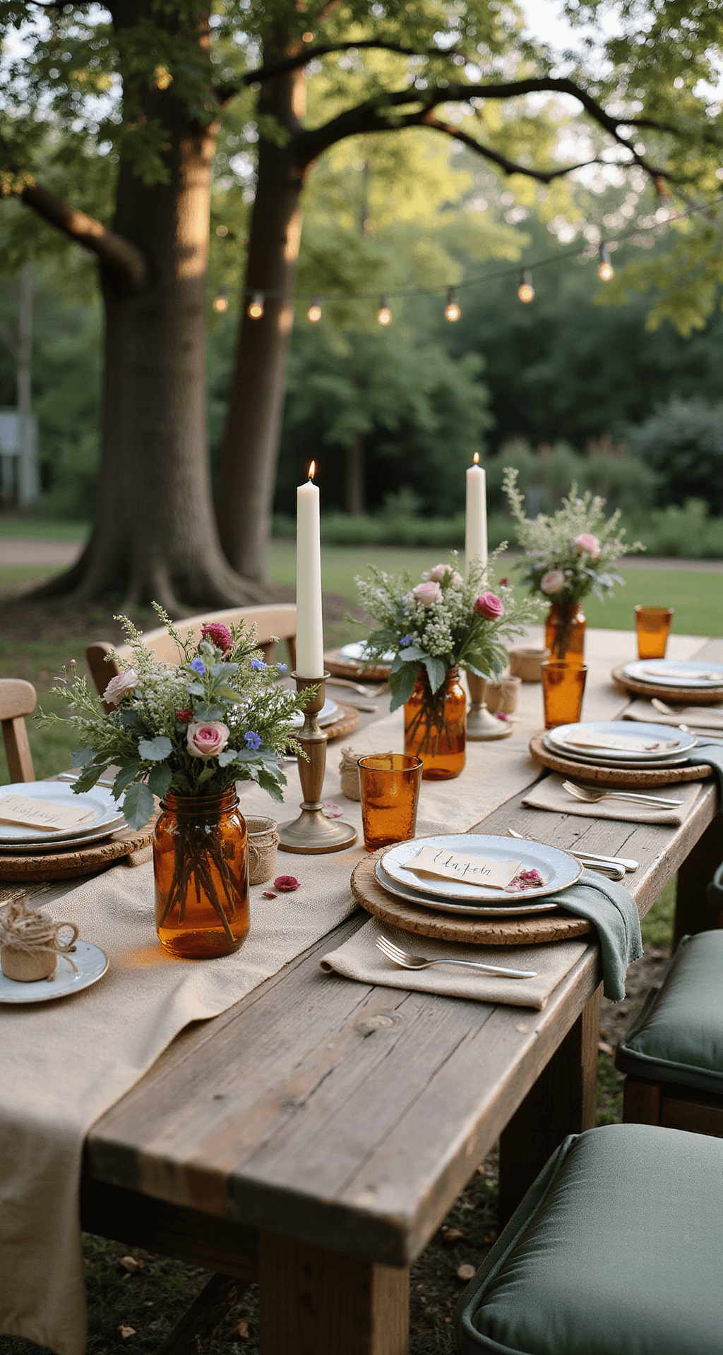 Wedding and Celebrations Article Close-up of a rustic garden party setup featuring a weathered wooden table with terracotta and sage green runners, mason jar centerpieces of wildflowers, vintage brass candlesticks, mismatched china plates, and soft morning light filtering through leaves.
