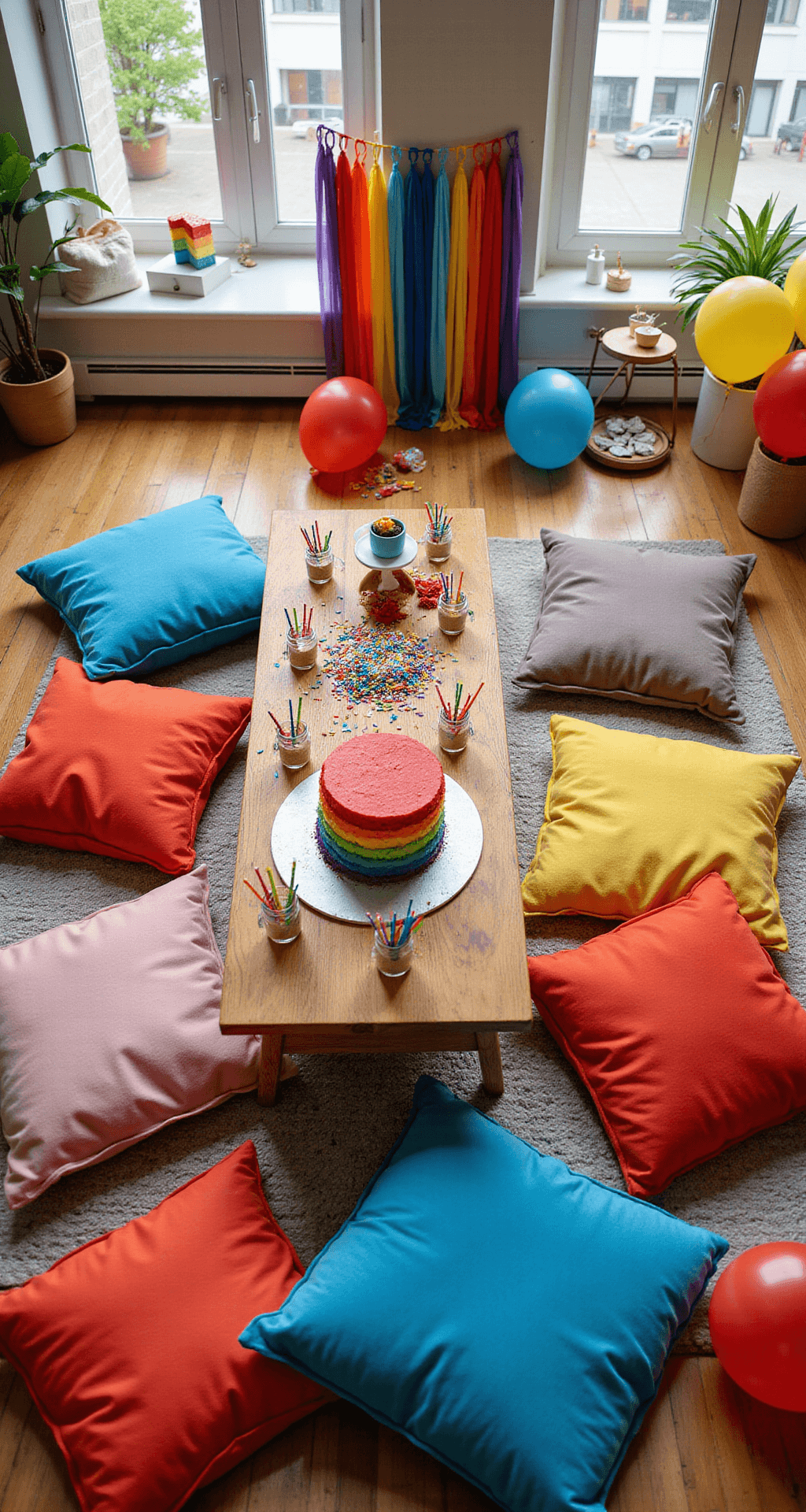 Wedding and Celebrations Article Overhead view of a vibrant children's birthday party in a modern living room, featuring a three-tiered rainbow cake on a wooden coffee table surrounded by colorful floor cushions, balloons, party hats, and festive decorations under natural sunlight.