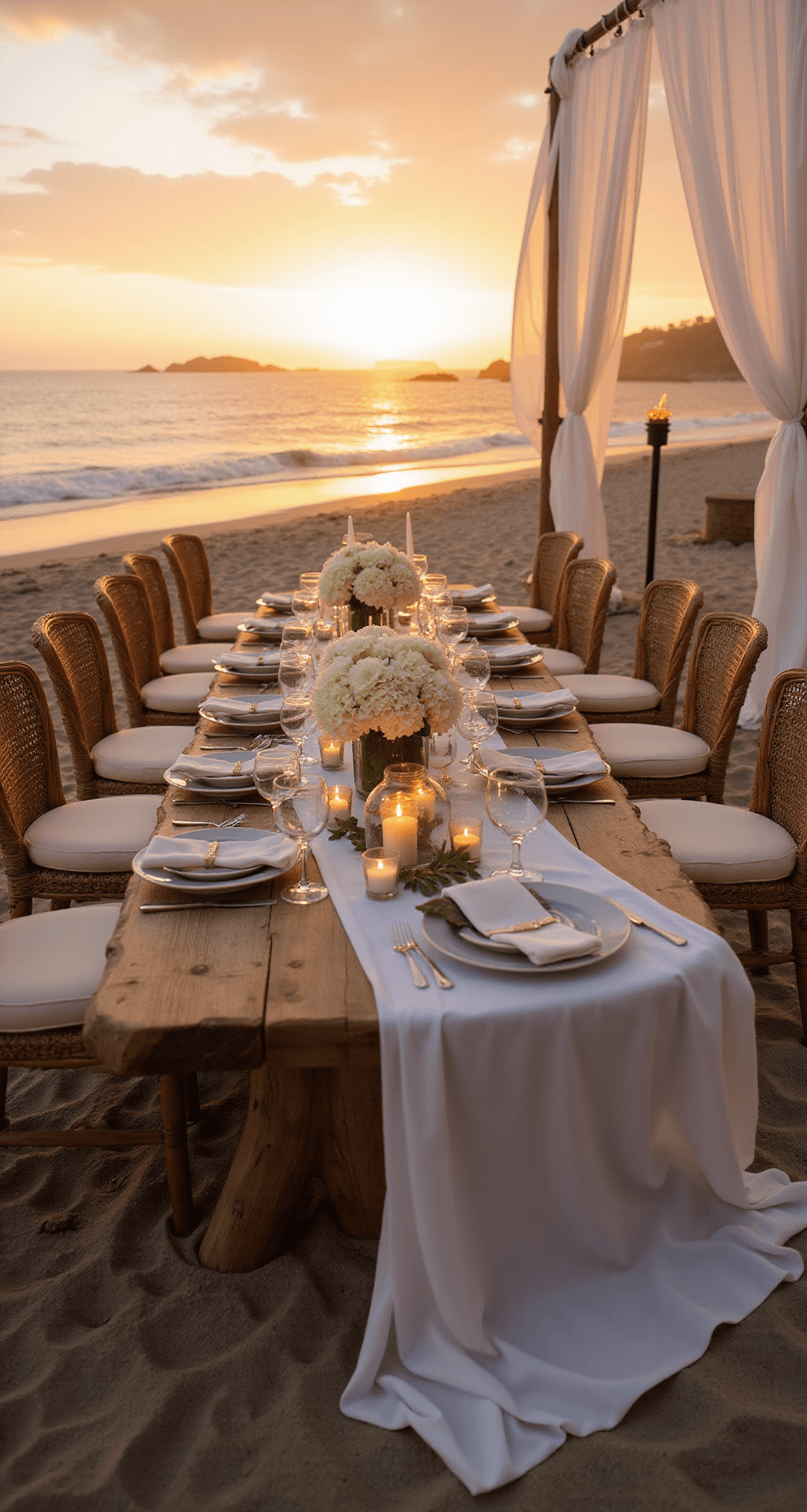 Wedding and Celebrations Article A picturesque beachfront dinner party at golden hour, featuring a driftwood table adorned with white linen runners, hurricane lanterns, and low floral centerpieces, surrounded by woven rattan chairs. The ocean gleams in warm amber tones as tiki torches mark the perimeter, with sheer fabric panels fluttering in the breeze.