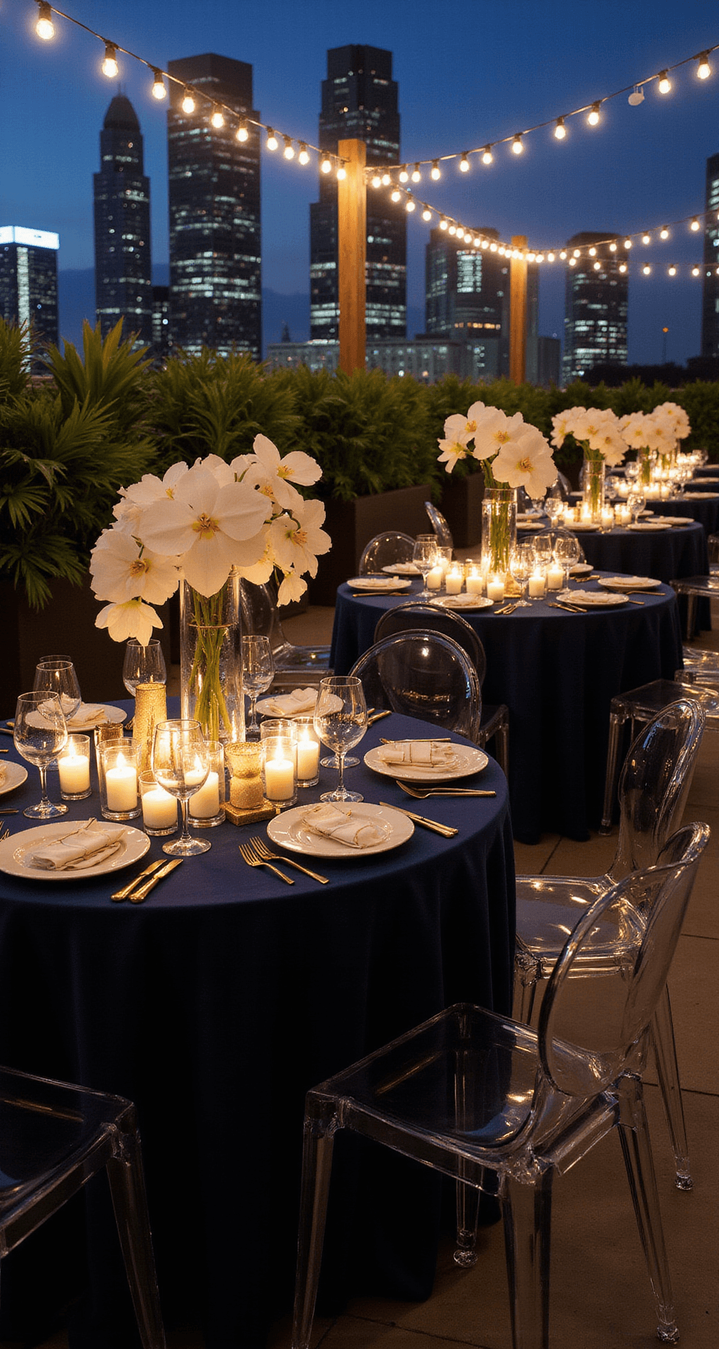 Wedding and Celebrations Article Moody rooftop terrace cocktail party at twilight, featuring round navy velvet tables with gold trim, illuminated glass vases with white orchids, pillar candles on gold stands, and a glittering city skyline in the background, accented by string lights and sleek acrylic ghost chairs.