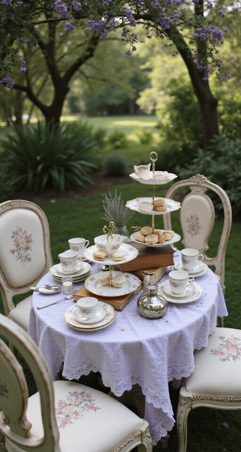 Wedding and Celebrations Article Detail of an enchanting garden tea party setup with vintage mismatched china teacups, tiered cake stands of sweets, and delicate floral accents, under a flowering arbor with fairy lights, capturing romantic afternoon light and timeless elegance.