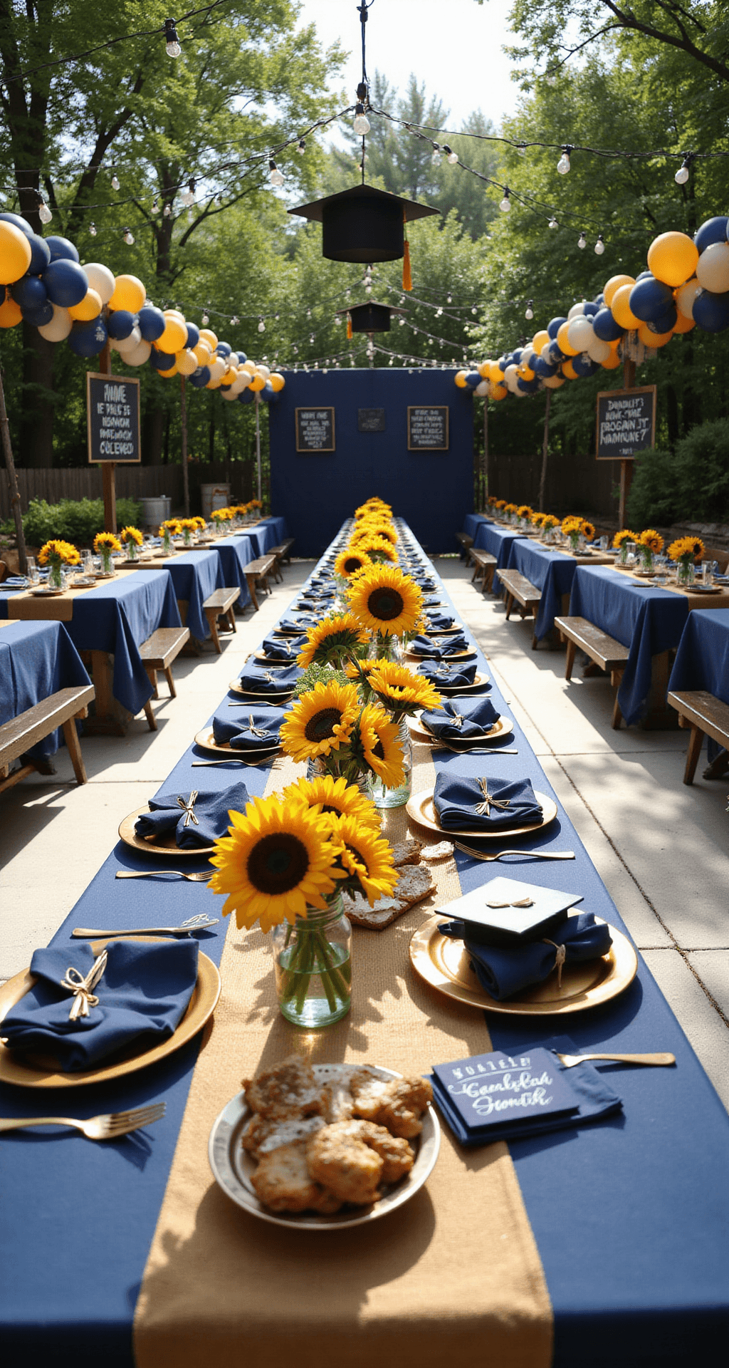 Wedding and Celebrations Article Wide-angle shot of a backyard graduation celebration with picnic tables dressed in navy and gold linens, balloon arches, a DIY photo booth, string lights, galvanized metal tubs with drinks, inspirational chalkboard signs, sunflower centerpieces, gold charger plates, and a blend of casual and elegant decor under bright sunlight.