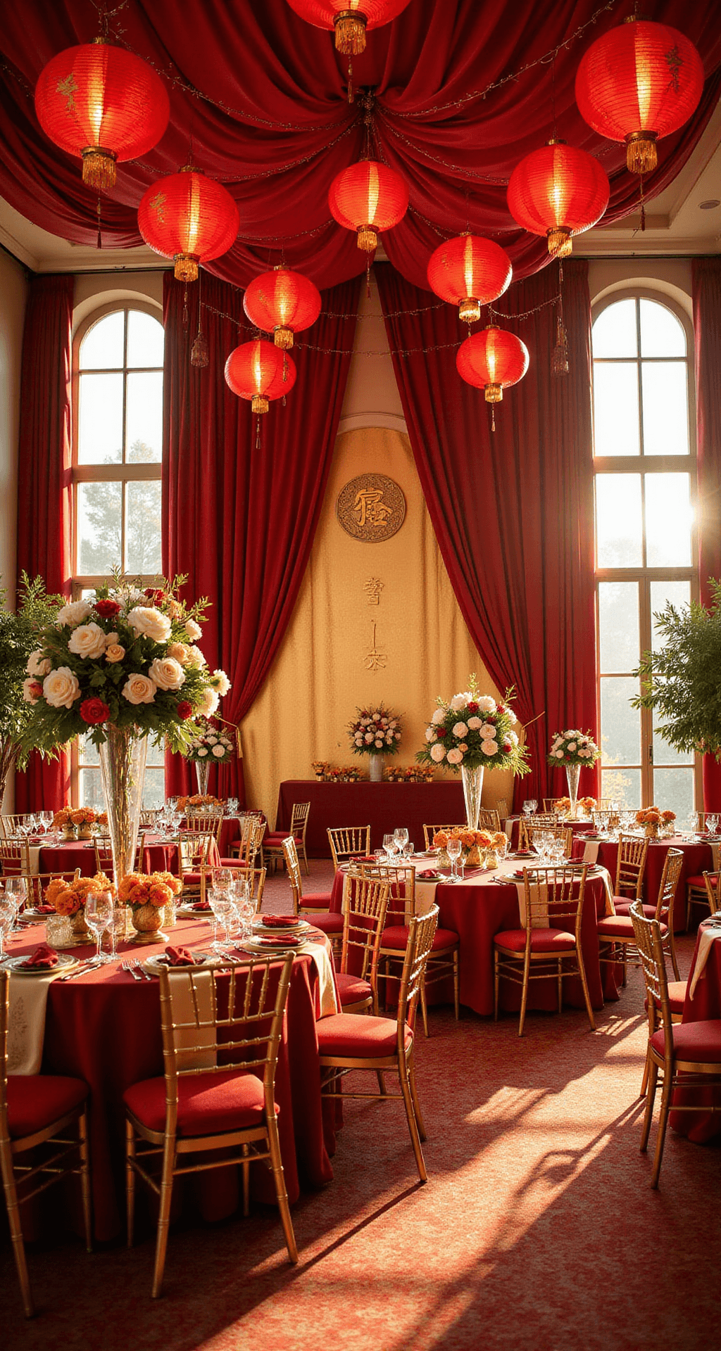 Planning a Chinese Wedding? Master These Traditional Decorations That'll Make Your Celebration Unforgettable An elegant ballroom illuminated by golden hour light, featuring a luxurious Chinese wedding setup with rich red silk draping, ornate gold double happiness symbol, round tables with deep red linens and gold runners, towering red paper lanterns, floral centerpieces of white peonies and red orchids with fresh fruits, gold chiavari chairs, and delicate fairy lights creating a romantic ambiance.