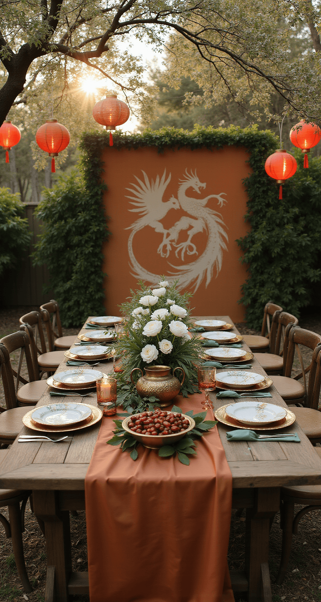 Planning a Chinese Wedding? Master These Traditional Decorations That'll Make Your Celebration Unforgettable A romantic garden wedding during golden hour, featuring a Chinese celebration with phoenix and dragon motifs, rustic wooden tables with terracotta silk runners, and brass lanterns hanging from blooming branches. Centerpieces include lucky red dates, pomegranates, and white lotus flowers in vintage ceramic bowls, surrounded by greenery, with a hand-painted wooden backdrop displaying phoenix and dragon silhouettes and string lights with red paper lantern shades creating a magical ambiance.
