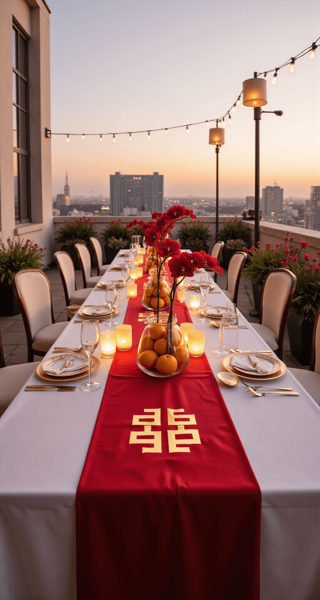 Planning a Chinese Wedding? Master These Traditional Decorations That'll Make Your Celebration Unforgettable A modern rooftop terrace at sunset featuring a minimalist Chinese wedding reception with white tables, bold red geometric table runners, gold double happiness symbols, LED lanterns, glass centerpieces with floating red orchids and golden oranges, and soft blush pink and cream florals, all elegantly draped with sheer ivory fabric against a city skyline.