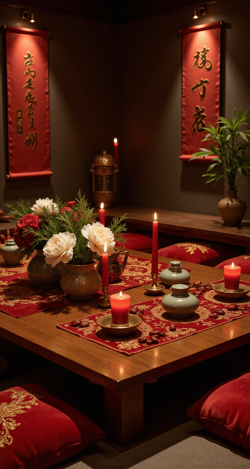 Planning a Chinese Wedding? Master These Traditional Decorations That'll Make Your Celebration Unforgettable An intimate dining space with a warm candlelit ambiance, featuring a cozy Chinese wedding dinner setup with low wooden tables, plush red velvet cushions, and flickering red candles among white peonies and lucky bamboo. Silk wall hangings display gold-threaded double happiness calligraphy, complemented by scattered red dates and crystallized ginger as decor.