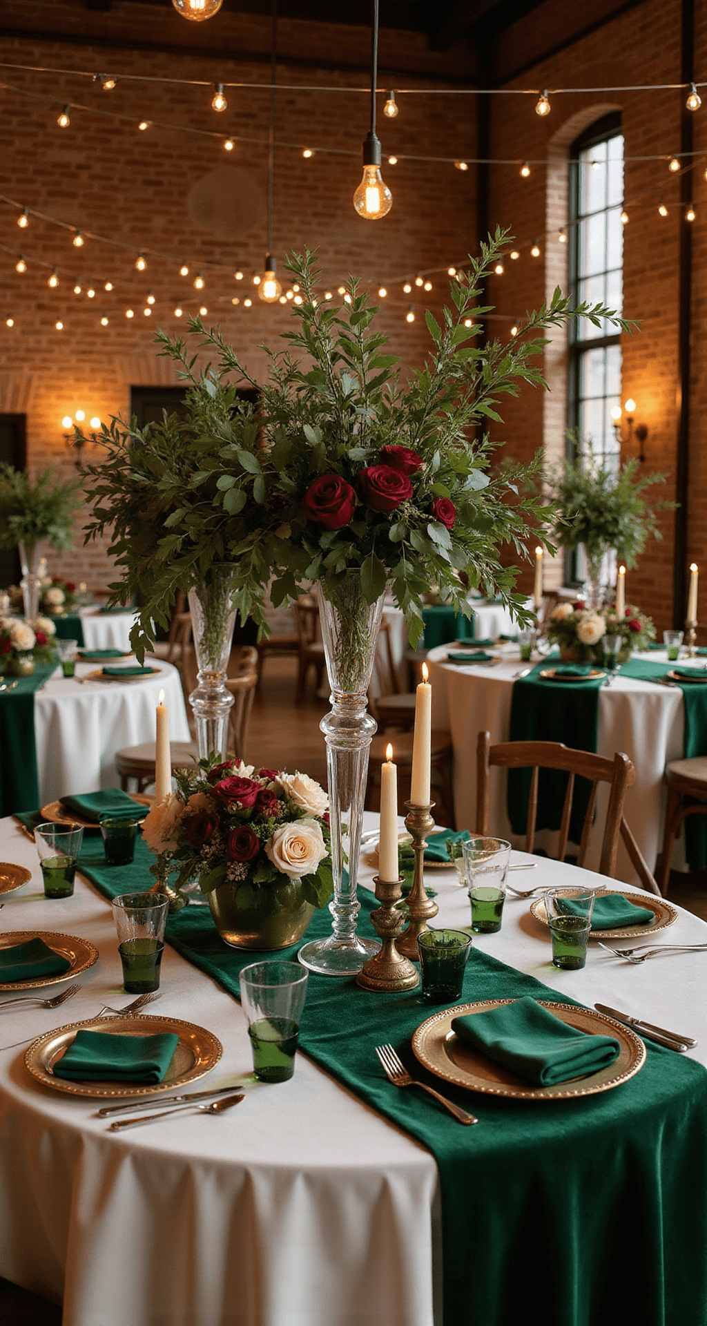 How to Create a Stunning Green Wedding That Actually Feels Fresh, Not Boring Elegant indoor ballroom adorned with emerald and gold wedding decor, featuring tables draped in velvet and silk, tall crystal vases with flowers, warm string lights, gold accents, and intimate lighting.