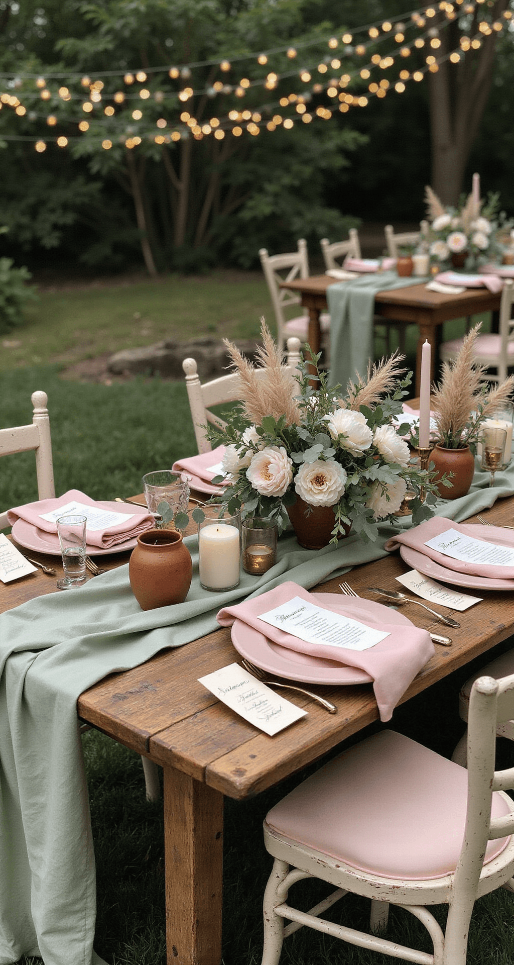 How to Create a Stunning Green Wedding That Actually Feels Fresh, Not Boring Overhead view of a romantic garden wedding tablescape featuring sage green and blush pink elements, including low wooden farm tables with linen runners, mismatched vintage chairs, floral centerpieces in terracotta vessels, and twinkling fairy lights.