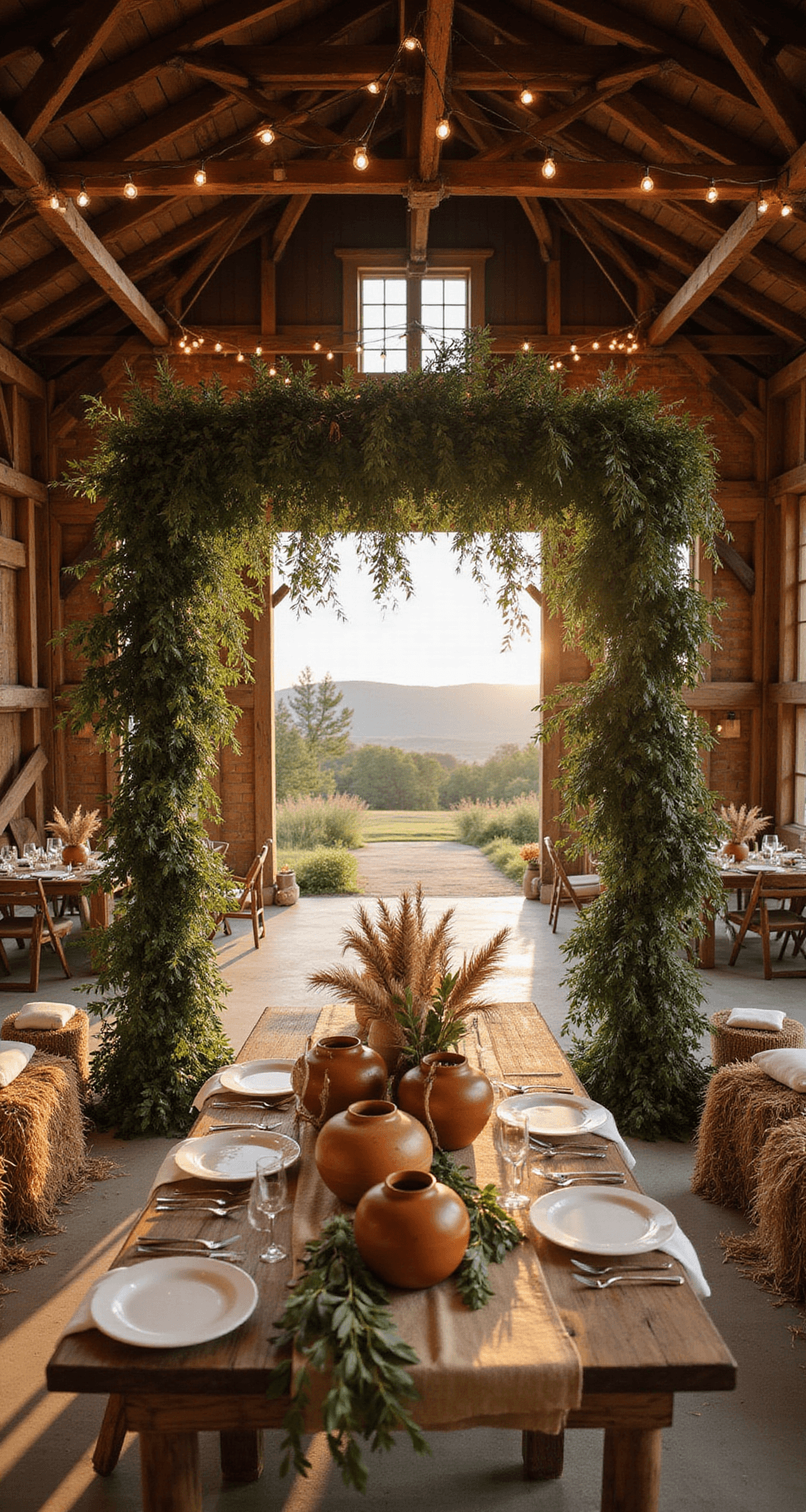 How to Create a Stunning Green Wedding That Actually Feels Fresh, Not Boring Cinematic wide shot of a rustic barn ceremony space at golden hour, showcasing olive green and terracotta wedding styling with an arch of olive branches and eucalyptus, harvest wood tables with terracotta pottery, hay bales for seating, and warm string lights illuminating the natural textures.