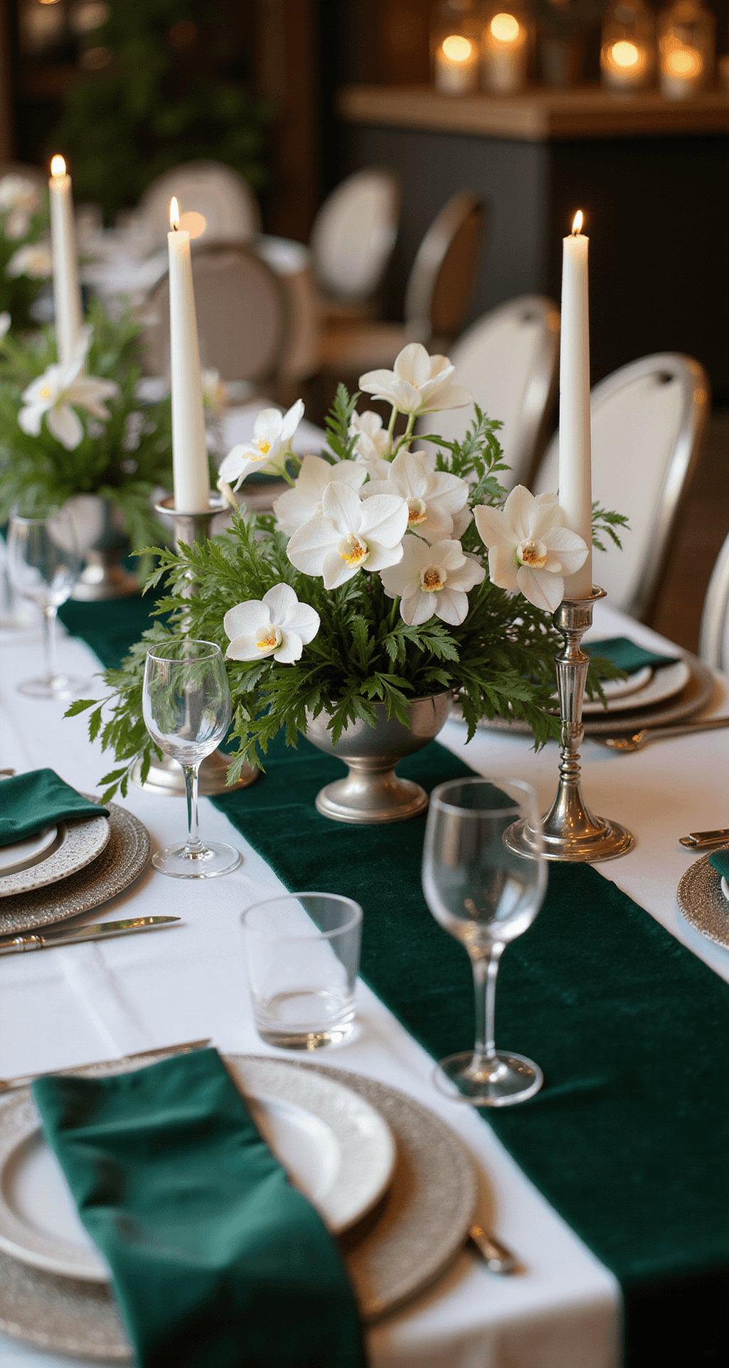 How to Create a Stunning Green Wedding That Actually Feels Fresh, Not Boring Elegant forest green and white wedding tablescape featuring crisp white silk linens and deep forest green velvet accents, adorned with minimalist silver vessels holding white flowers and candles, creating a warm, sophisticated atmosphere.