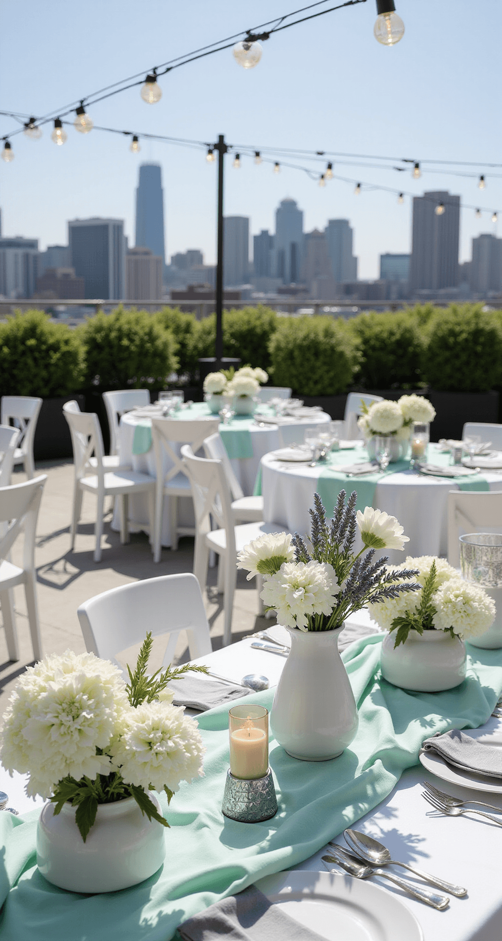 How to Create a Stunning Green Wedding That Actually Feels Fresh, Not Boring A modern rooftop terrace wedding setup featuring mint green and lavender decor, with white furniture, floral centerpieces, geometric candle holders, and string lights against an urban skyline backdrop.