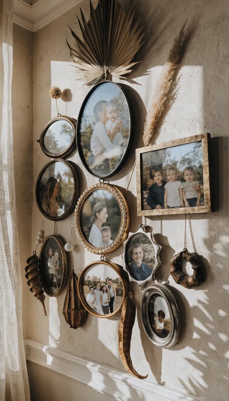 27 Beautiful Mother's Day Decor Ideas A wall display featuring various photo frames filled with family pictures, decorated with dried flowers and a warm ambiance.