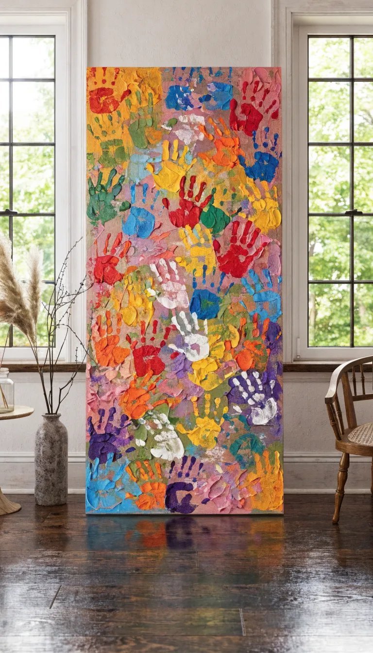 27 Beautiful Mother's Day Decor Ideas Colorful family handprint art displayed on a wall