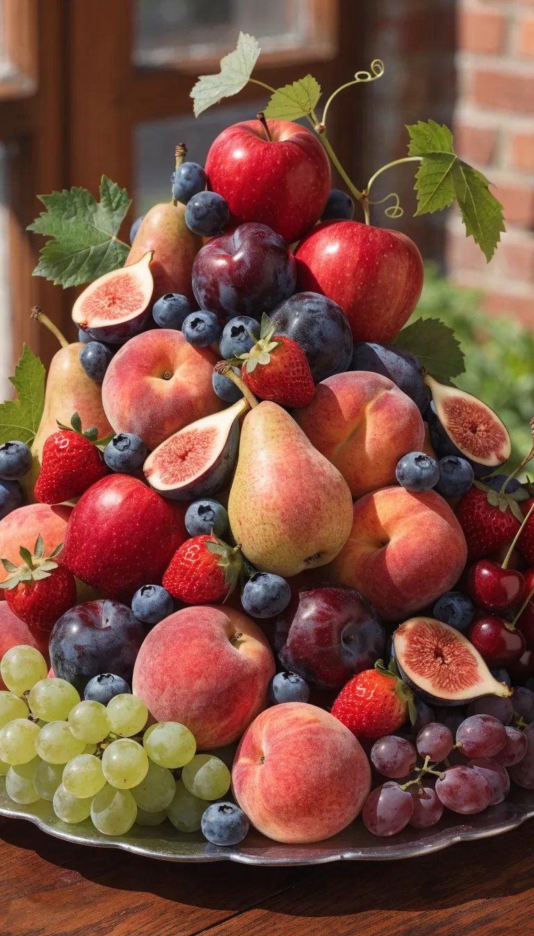 27 Beautiful Mother's Day Decor Ideas A vibrant display of seasonal fruits including apples, peaches, blueberries, strawberries, and grapes arranged on a silver platter.