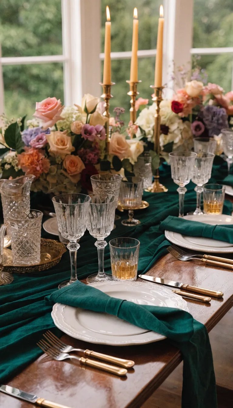 27 Beautiful Mother's Day Decor Ideas A beautifully set table for Mother's Day with napkins elegantly folded, colorful floral centerpieces, and a rich green table runner.
