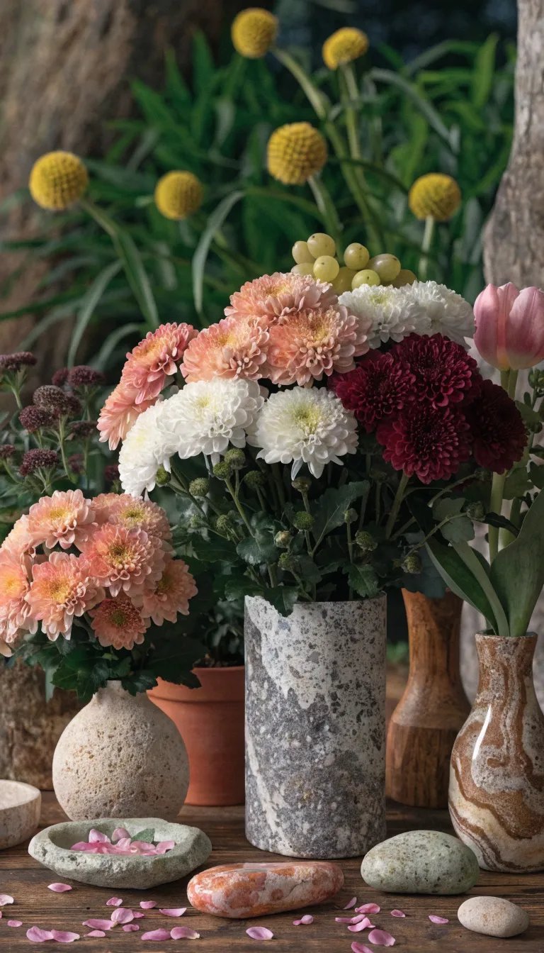 27 Beautiful Mother's Day Decor Ideas A nature-inspired floral arrangement with colorful flowers and smooth pebbles on a wooden table