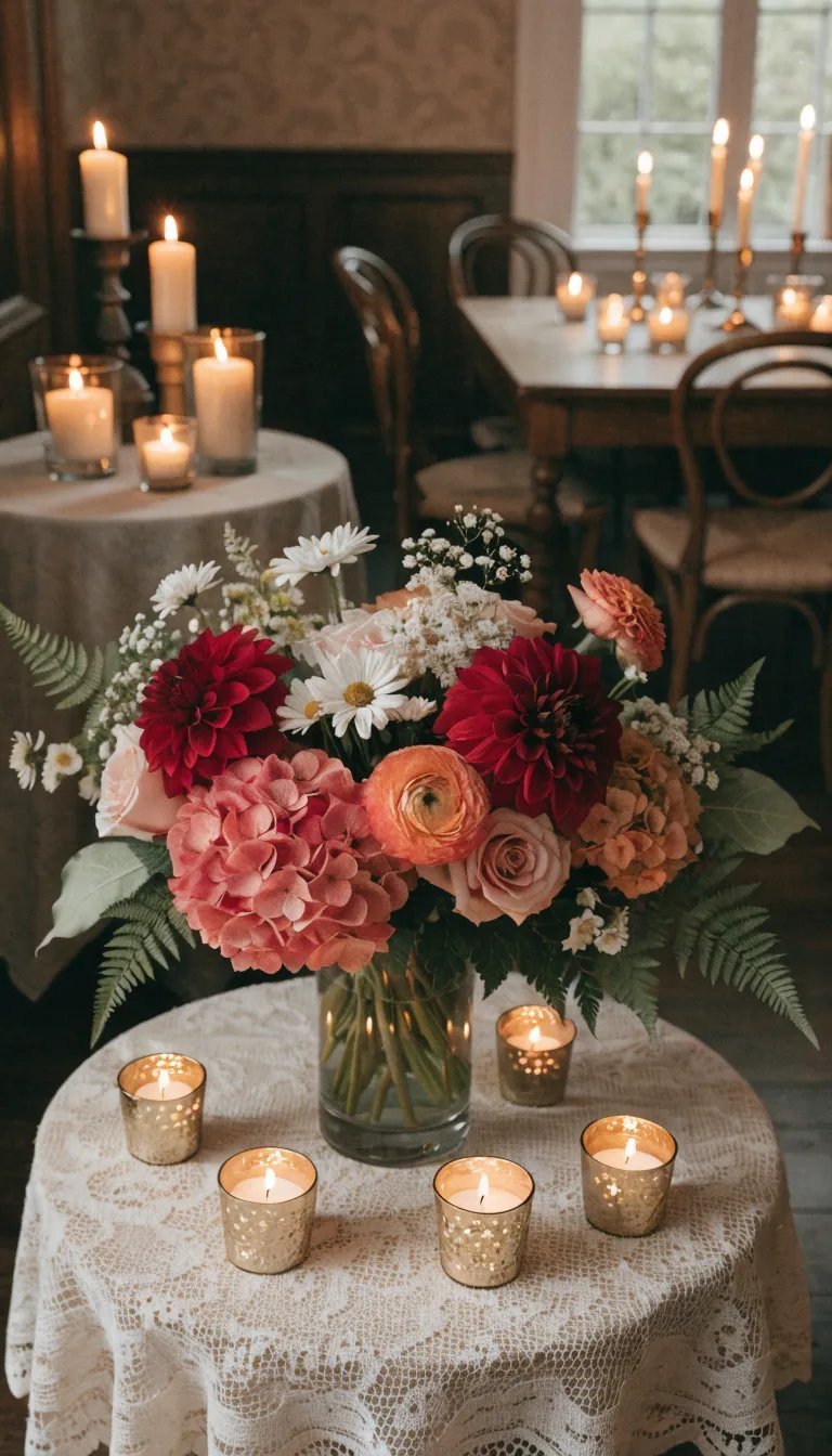 27 Beautiful Mother's Day Decor Ideas A beautifully decorated table featuring candles and a colorful flower arrangement, creating a warm ambiance.