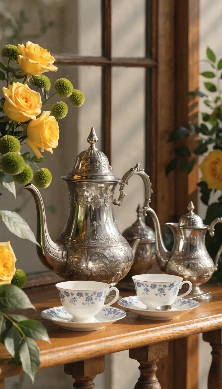 27 Beautiful Mother's Day Decor Ideas Vintage tea set with silver teapot and floral china cups displayed alongside yellow roses.