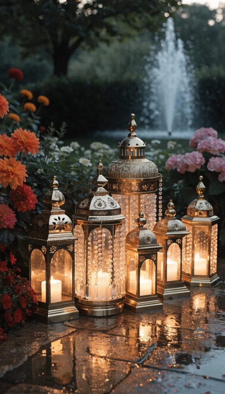 27 Beautiful Mother's Day Decor Ideas Decorative lanterns surrounded by vibrant flowers in a garden setting.
