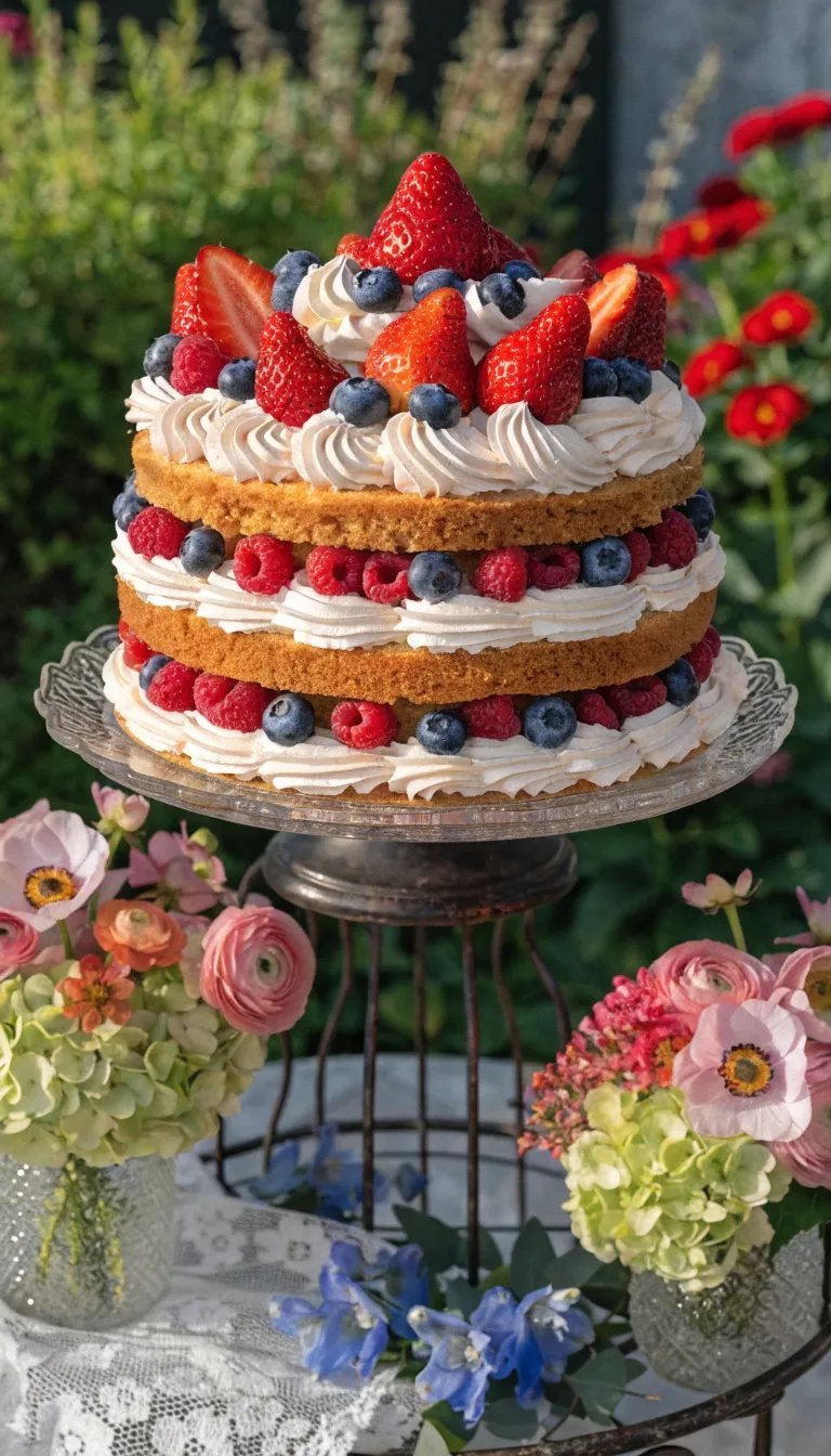 27 Beautiful Mother's Day Decor Ideas A colorful three-layer cake on a decorative stand surrounded by flowers.