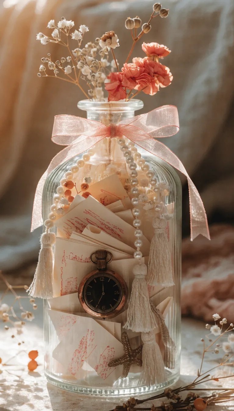 27 Beautiful Mother's Day Decor Ideas A stylish memory jar filled with notes, flowers, and decorative elements.