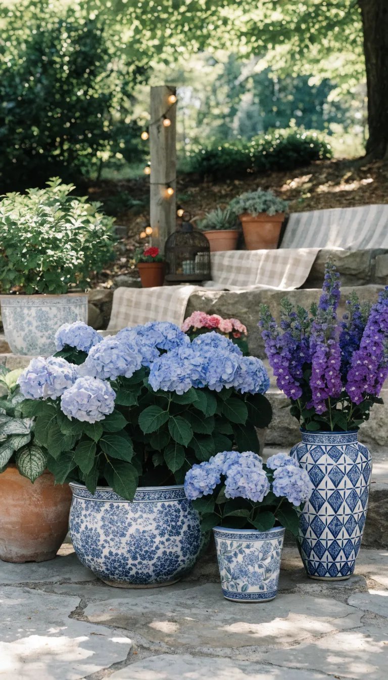 27 Beautiful Mother's Day Decor Ideas A beautiful arrangement of blooming blue hydrangeas in decorative pots, creating a charming garden-inspired decor.