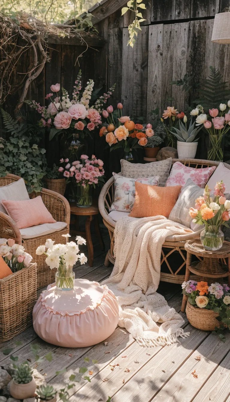 27 Beautiful Mother's Day Decor Ideas Cozy outdoor seating area decorated with flowers and cushions for Mother's Day.