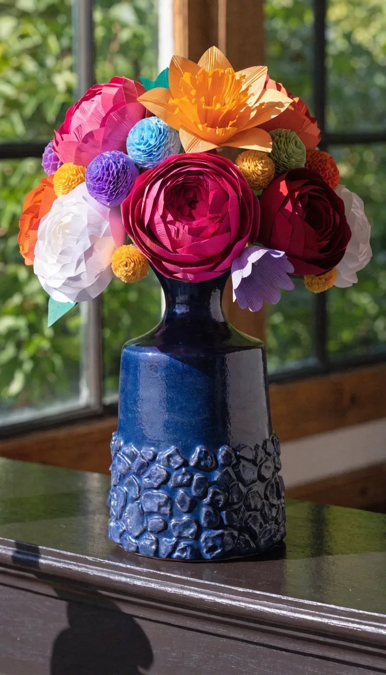 27 Beautiful Mother's Day Decor Ideas A vibrant bouquet of handmade paper flowers in a blue vase with a decorative base.